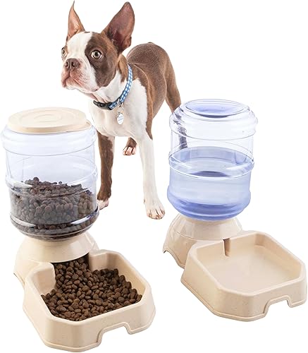 Alimentador automático para gatos y dispensador de agua, paquete de 2 cuencos de comida y agua para perros de 3.8 L1 G, dispensador automático de