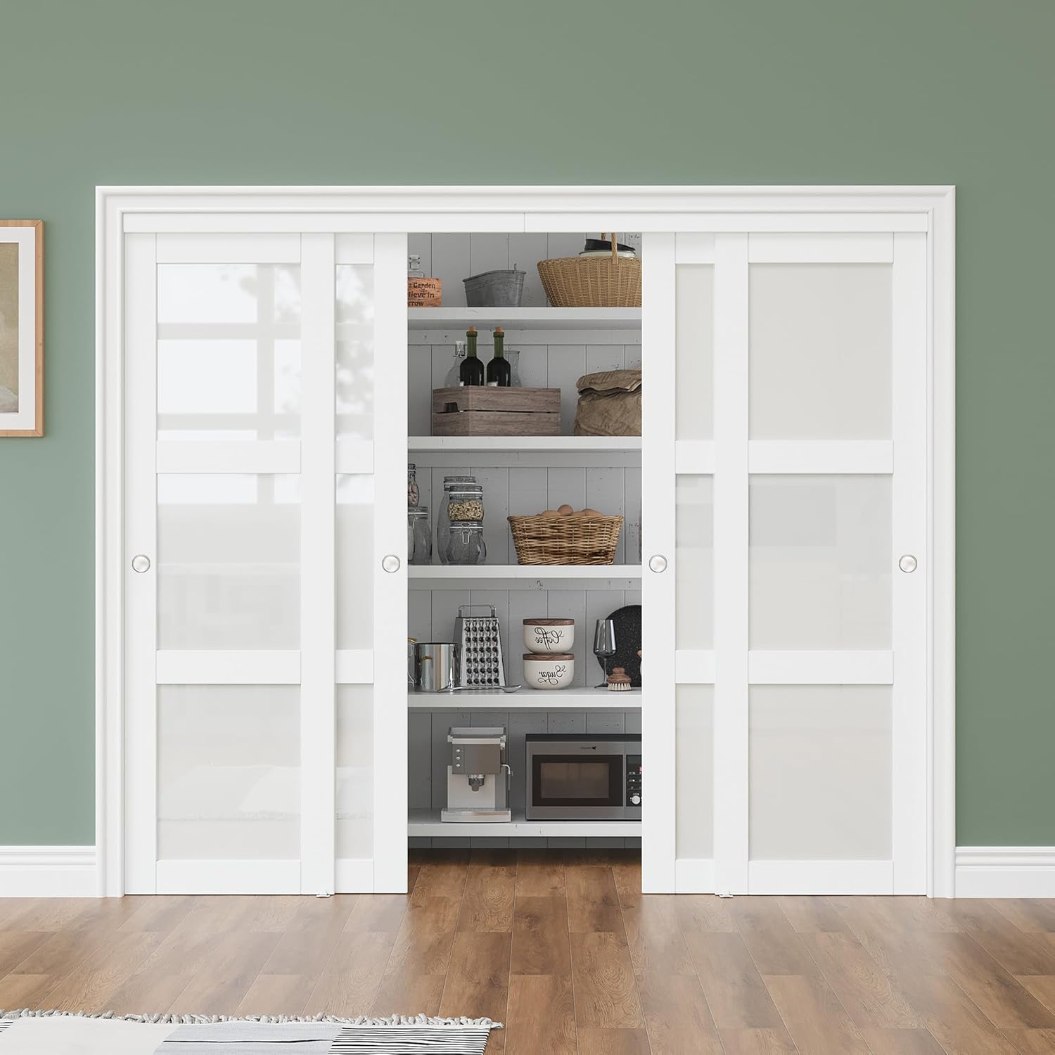 Bypass Glass Sliding Closet Door 48x80, Double Closet Panels with Hardware & Fascia, 3 Lite Frosted Tempered Glass Interior Sliding Door for Bedroom, No Assembly Required Panels