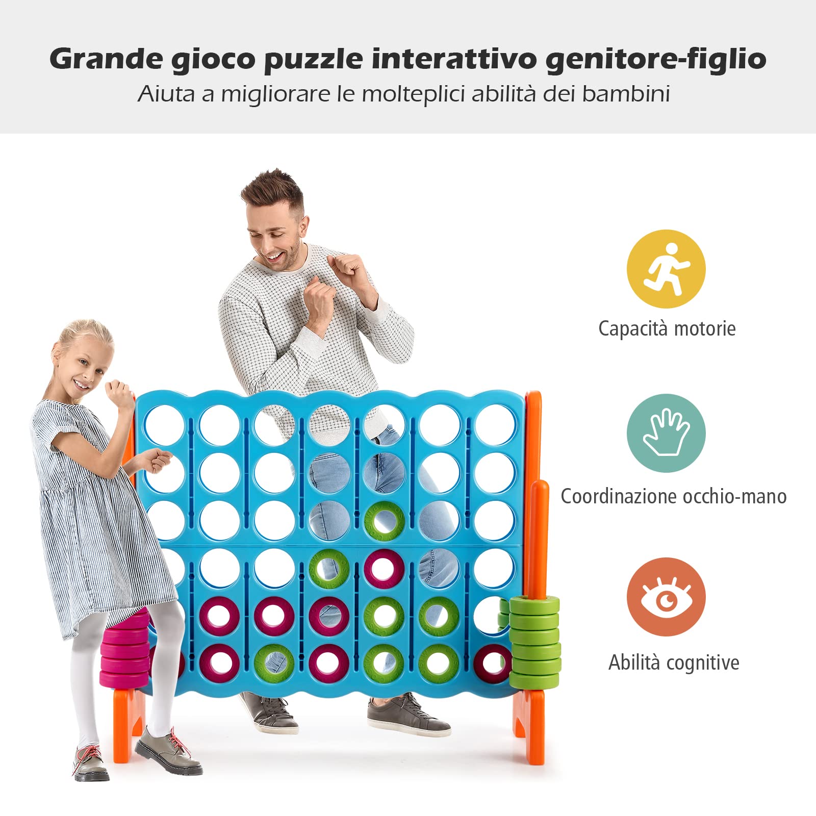 COSTWAY Forza 4 Gigante per Bambini e Adulti, da Interno ed Esterno | Set di Forza 4 in PE e PP con 42 Anelli per Feste e Vacanze, 120 x 42 x 104 cm, Azzurro+Arancione