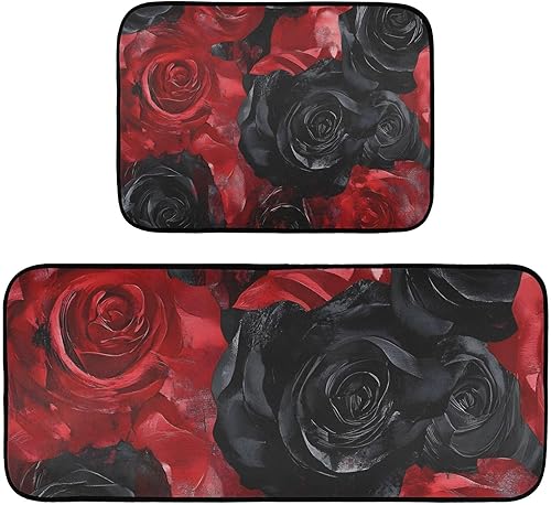 Juego de alfombrillas de cocina con rosas rojas y negras, alfombras de cocina acolchadas y absorbentes de agua para fregadero de cocina, cuarto de