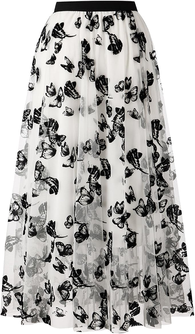 Skirts for Women Midi Long Length Dressy Casual Trendy Summer Tulle A-Line Floral High Waist Skirt - Image 4