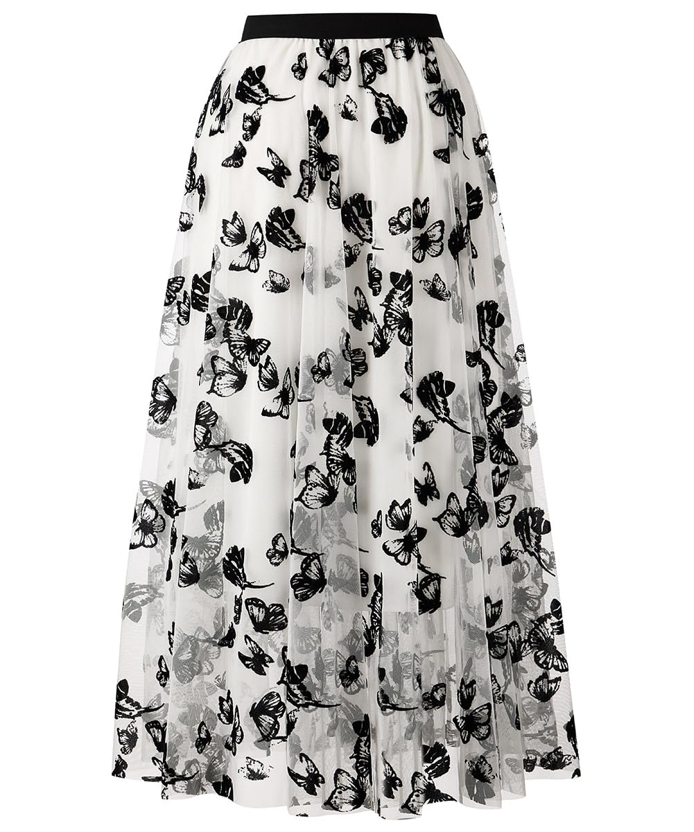 Reaowazo Röcke für Damen, Midi-Röcke, lang, elegant, lässig, trendig, Sommer, Tüll, A-Linie, Blumenmuster, hohe Taille