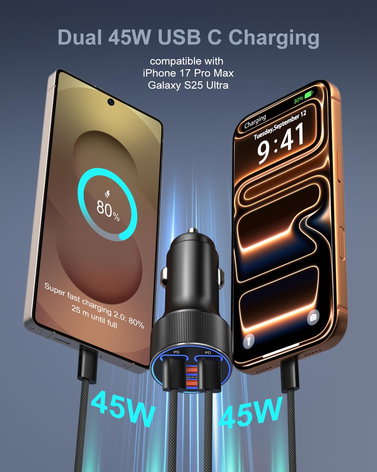 Cargador de coche de 90 W con cable USB C a C de 6 pies, 1 juego (cargador negro + cable negro)