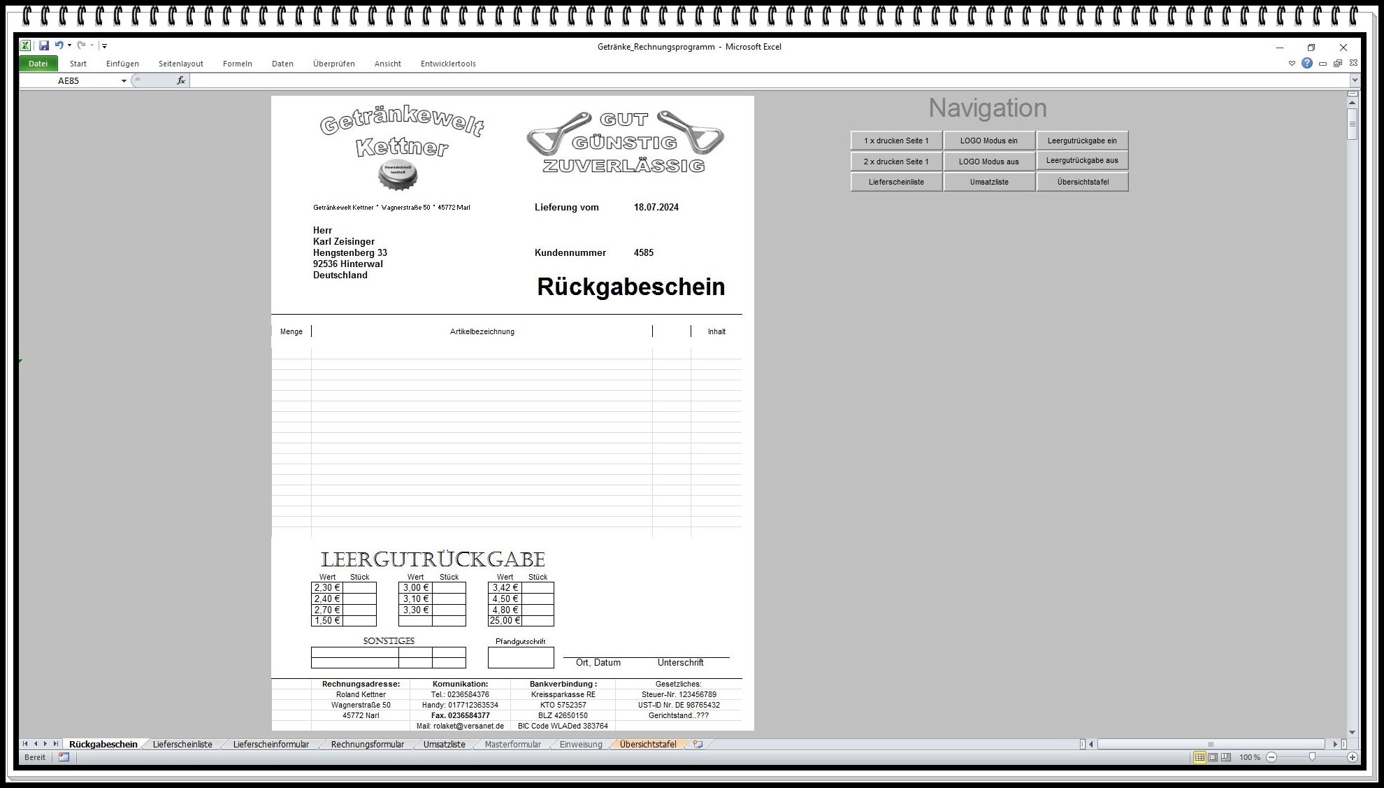 Rechnungsprogramm Getränkehandel Fakturierungssoftware mit Lieferschein und Pfandschein