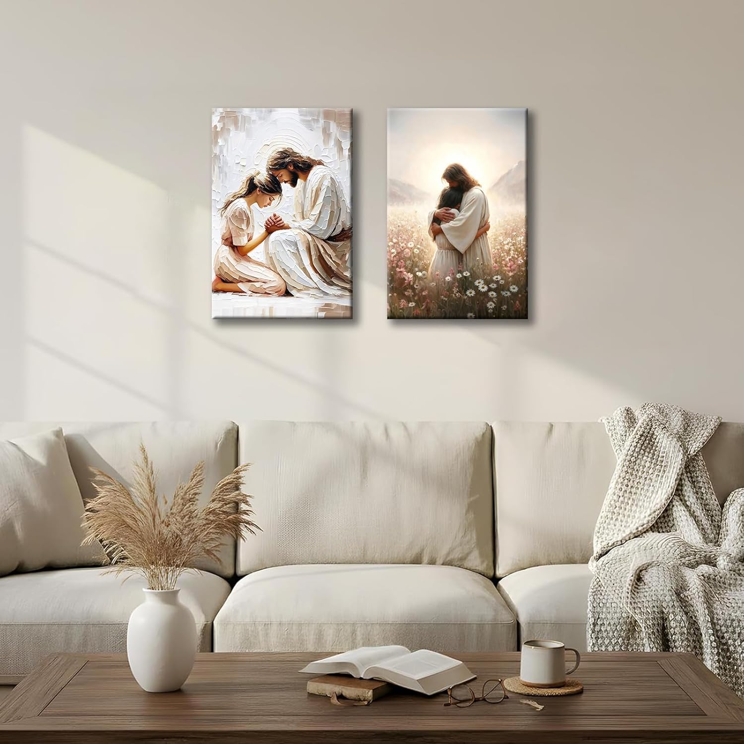 2Pcs Framed Jesus Embracing Woman Wall Art Jesus and Girl Praying Painting Print Religious Christian Bible Canvas Prints Pictures for Bedroom Living Prayer Room 16x24 inch Ready to Hang