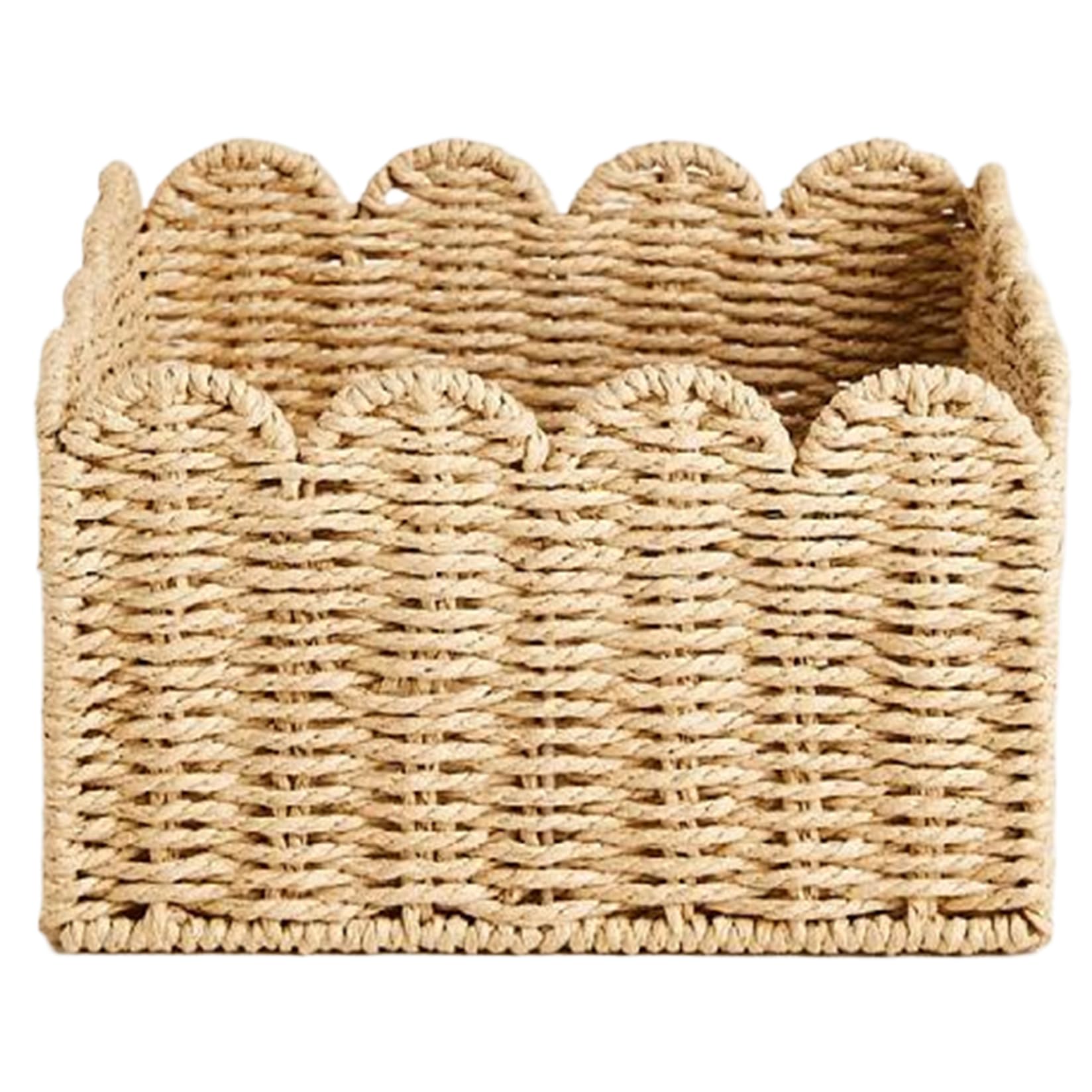 Imooreshine Scalloped Basket, 9.1x9.1x5.5 Inch Woven Rattan Basket, Stylish Scallop, Portable Rattan Storage for Living Room, Kitchen, Bathroom