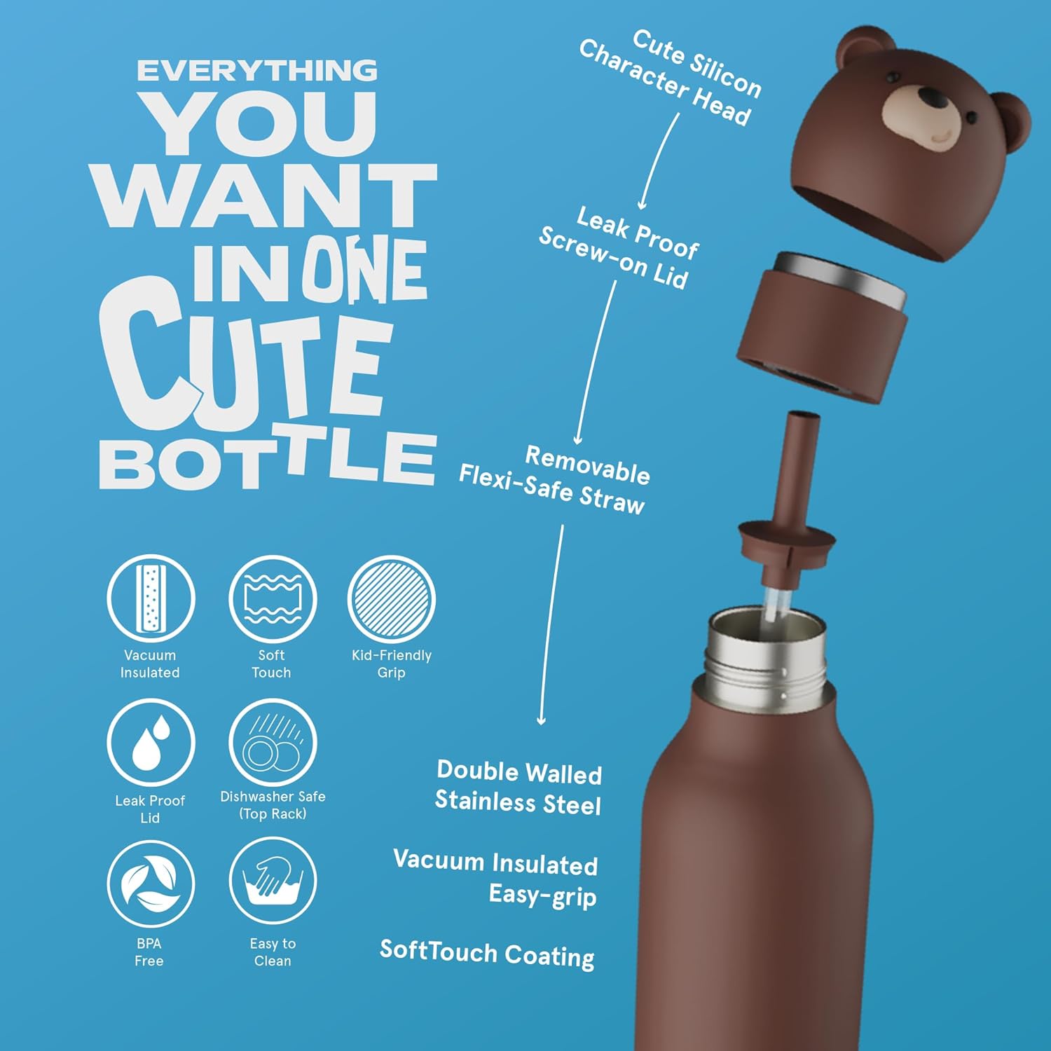 asobu Bestie Bottle Insulated Stainless Steel Water Bottle with Detachable Soft Animal Head Fun Drinking For Kids and Teens with Flexible Reusable Straw 16 Ounce (Brown Bear) - Image 3