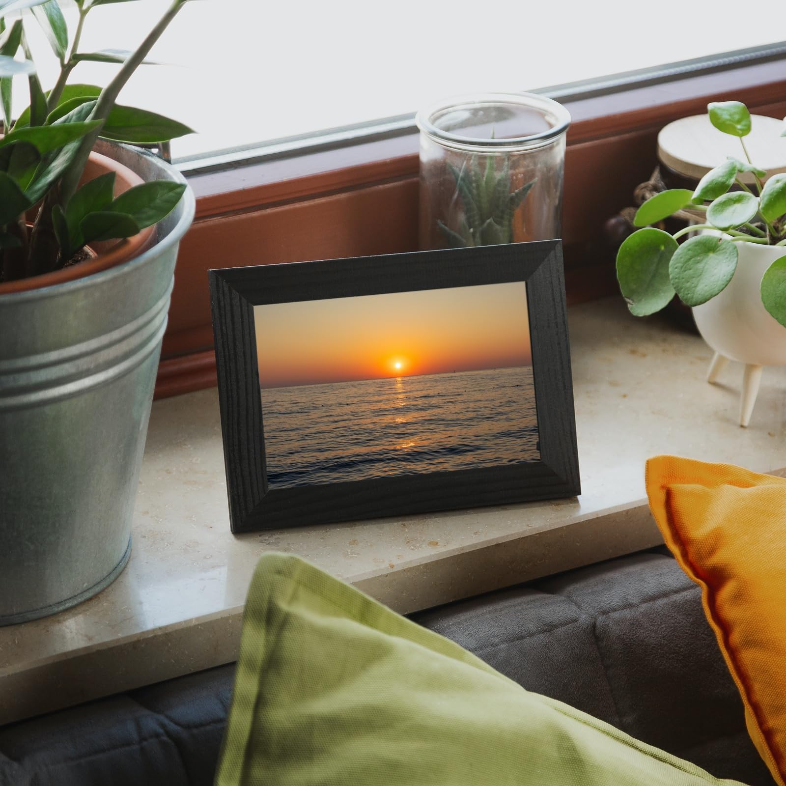 Creative Home 4 x Cadre Photo 10x15 cm Noir Mural | Bois de Pin Naturel | Decoration de Bureau Chambre Maison | Support Crochets | Accrocher Horizontalement ou Verticalement | Facile à Monter | Verre