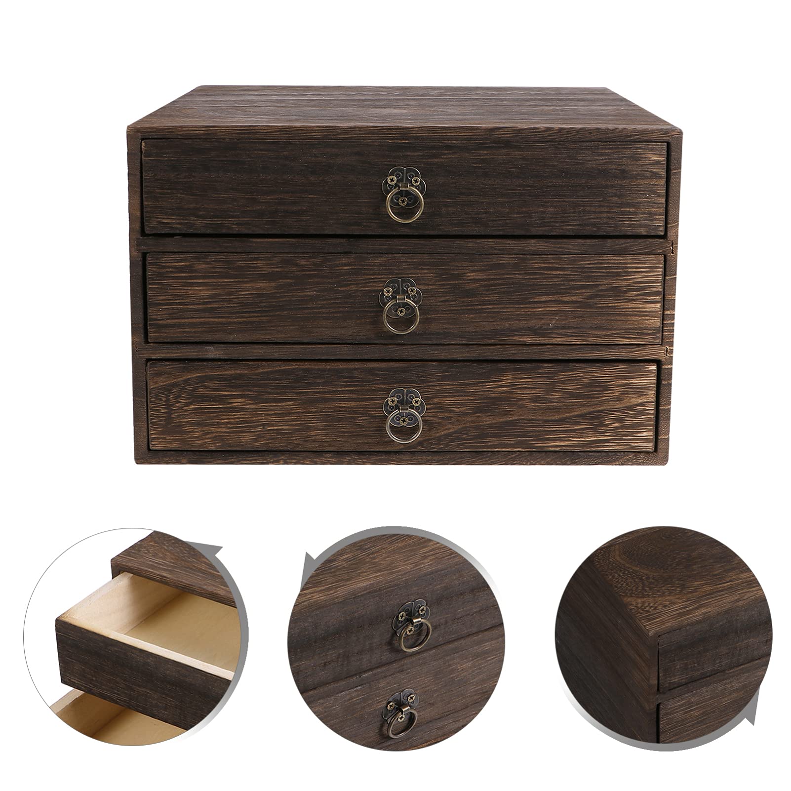 Drewniana 3-warstwowa szuflada biurkowa w stylu vintage, stylowa szafka do przechowywania na blat i biurko, elegancka dekoracja domu i miejsca pracy, kawowa, 25,5 x 24,5 x 15,5 cm