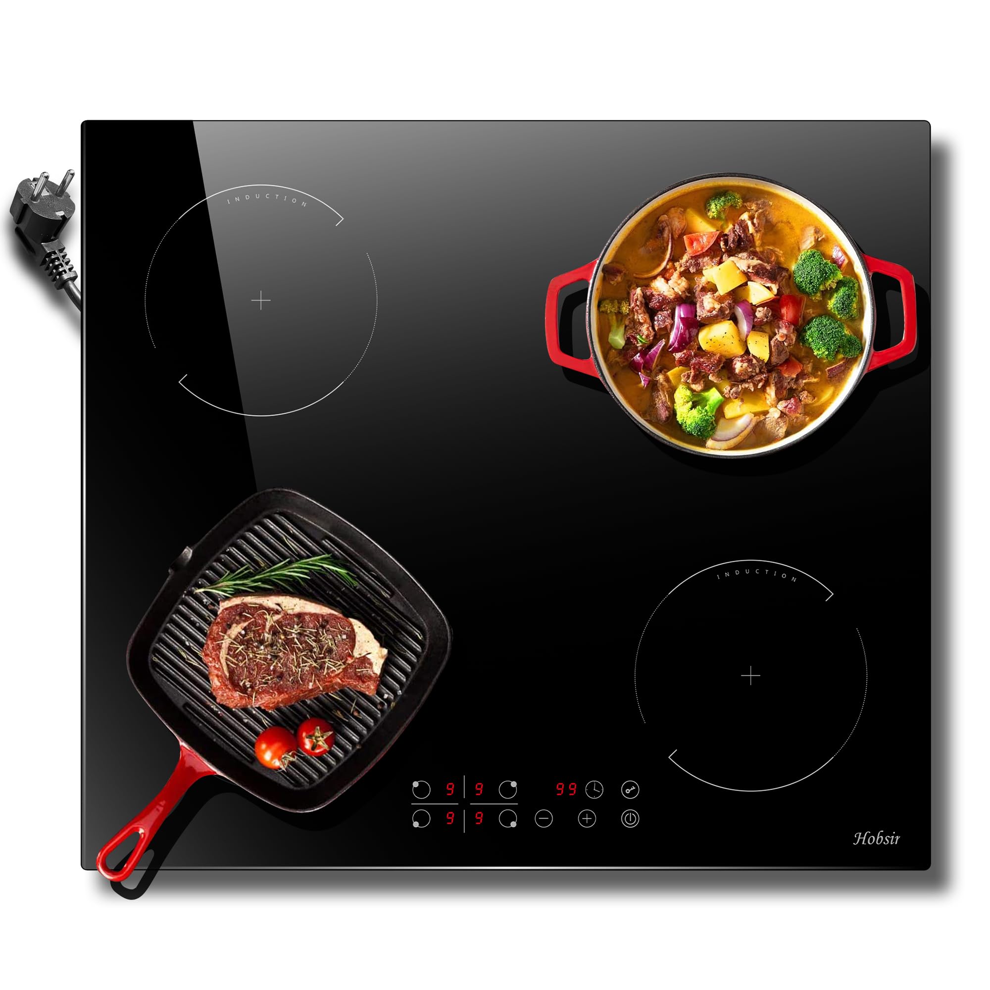 Hobsir Induktionskochfeld mit Stecker 4 Zonen, Einbau Kochfeld Induktion 60cm Induktionsplatte, 3500W, Touch-Bedienung, 9 Leistungsstufen, Sicherheitsschloss, Timer