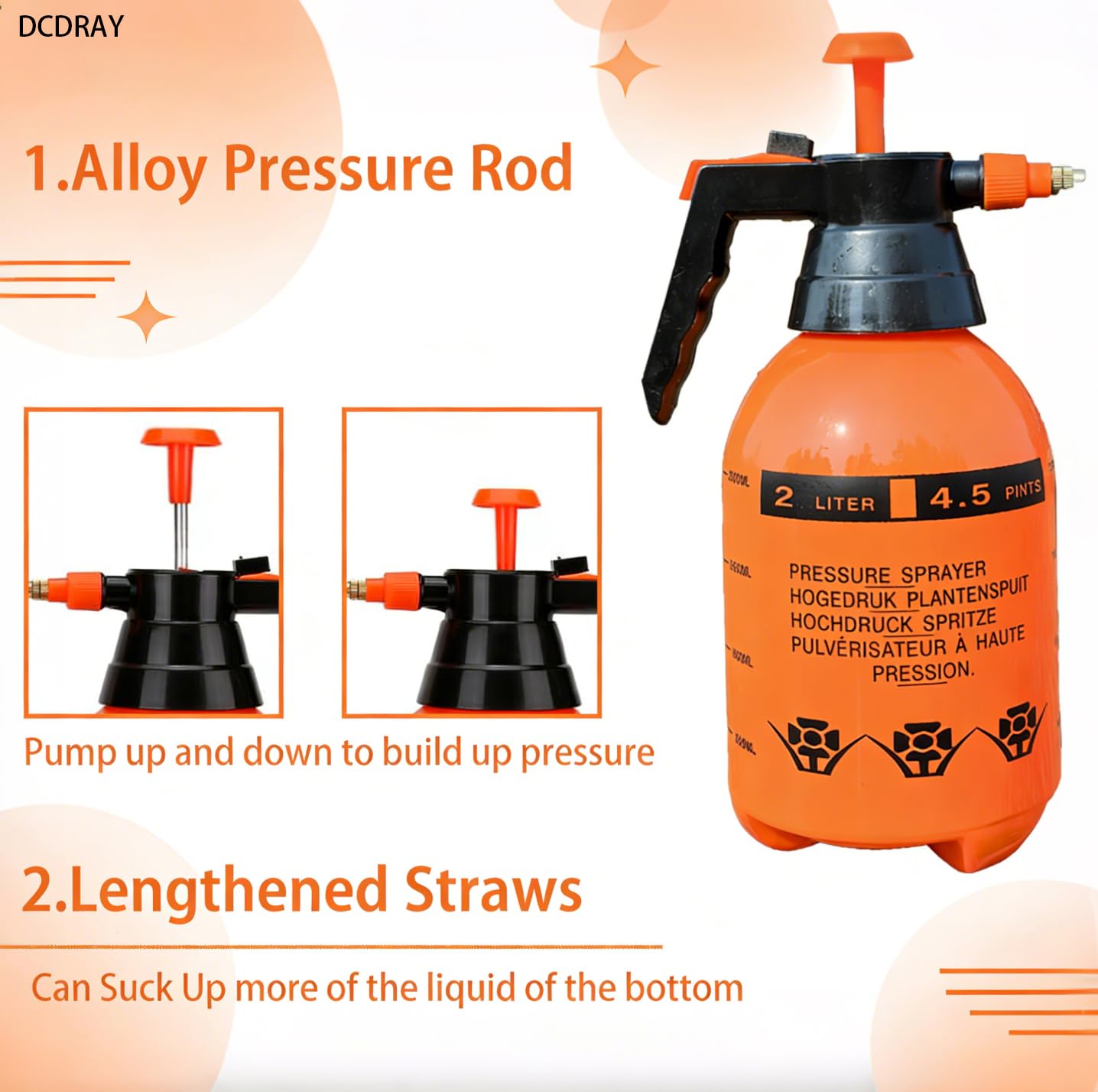 2L Handheld Garten Pumpsprüher 0,5 Gallonen Wassernebel Sprühflasche für Pflanzen mit verstellbarer Messingdüse Orange