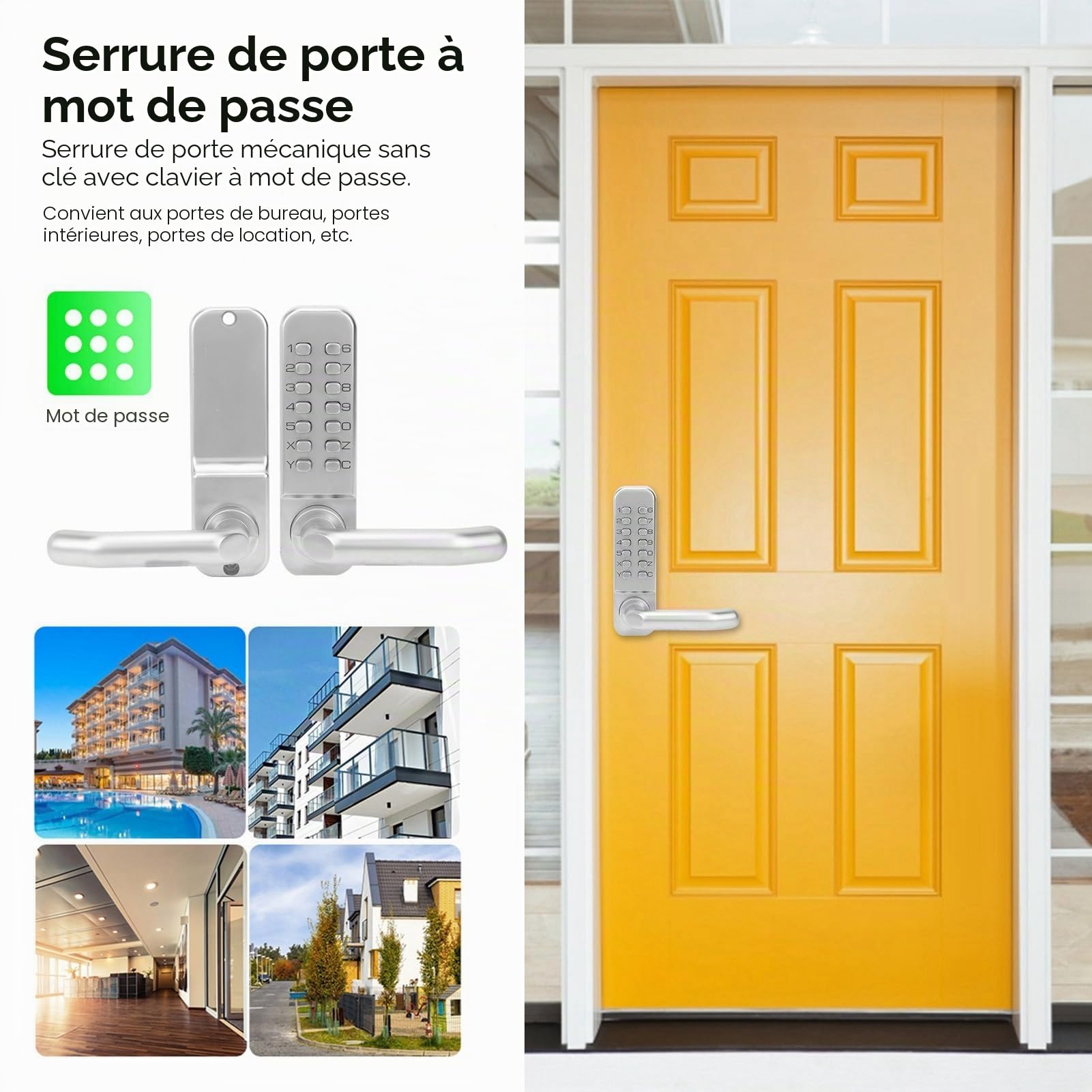 Serrure de porte mécanique Bouton poussoir Clavier à code numérique Verrou de porte d'entrée sans clé en alliage de zinc Serrure de poignée de porte de sécurité à domicile étanche (aucune pile requise