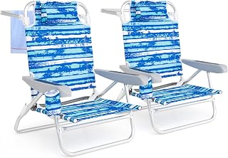 COSTWAY Silla Playa Plegable, Tumbona Playa con 5 Posiciones, Portavasos, Bolsillos de Almacenamiento, Correas de Hombro, Soporte para Toallas,Silla Reclinable Baja 150kg (Marina de Guerra,2)