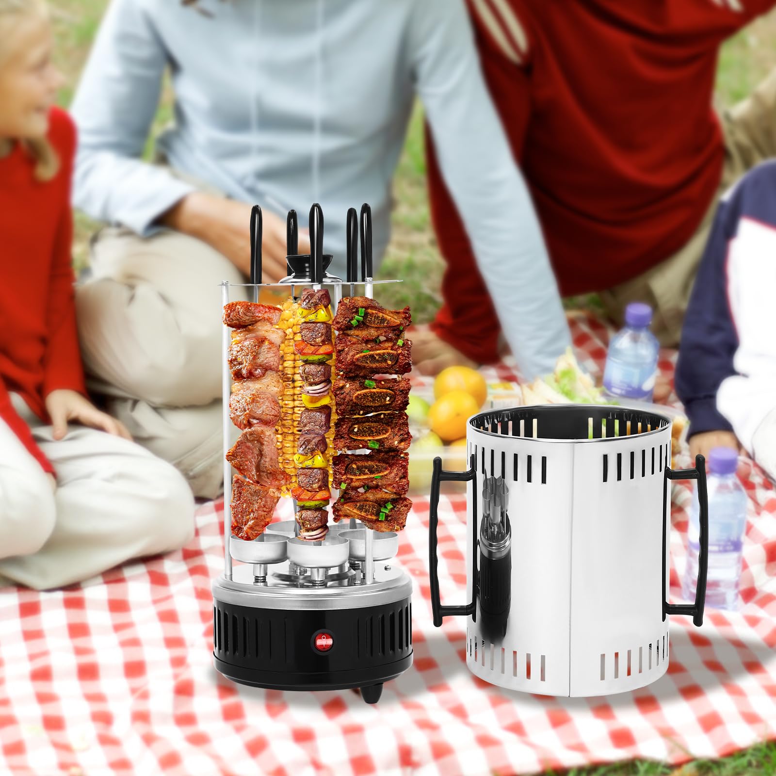 Barbacoa eléctrica vertical de acero inoxidable, parrilla giratoria de 1000W para el hogar, parrilla redonda con 5 pinchos, mangos y bandeja para goteo de aceite, Negro, Plata