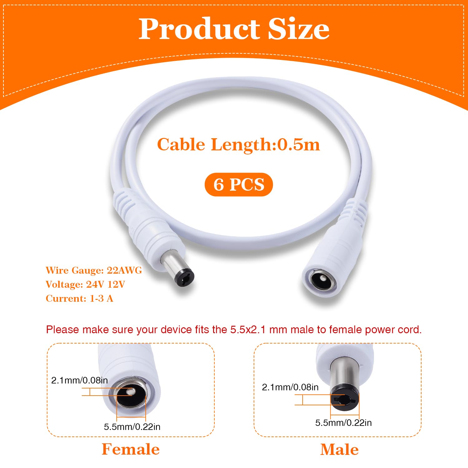 6 Sztuk 0.5m 5.5x2.1 mm 24V 12V DC Przedłużacz Kabla Zasilającego, Przewód Przedłużający do Zasilania Męski na Żeński 22AWG, do Kamer Bezpieczeństwa CCTV, Biały