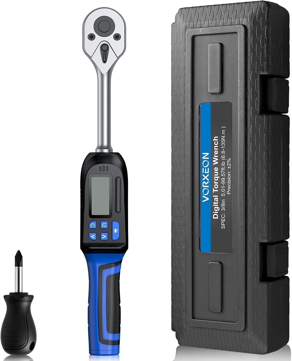 3/8 Digital Torque Wrench (4.9-99.6 Ft-Lb/6.8-135 Nm) ±2% Precision, LED+Buzzer Alerts, 4 Units – Nm, Ft-Lb, In-Lb, Kg-Cm