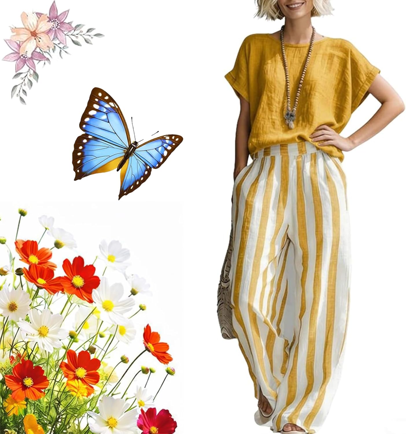 Women's Striped Cotton Linen 2-Piece Set, Casual Button Down Shirt and Wide Leg Pants Outfit, Loose Fit