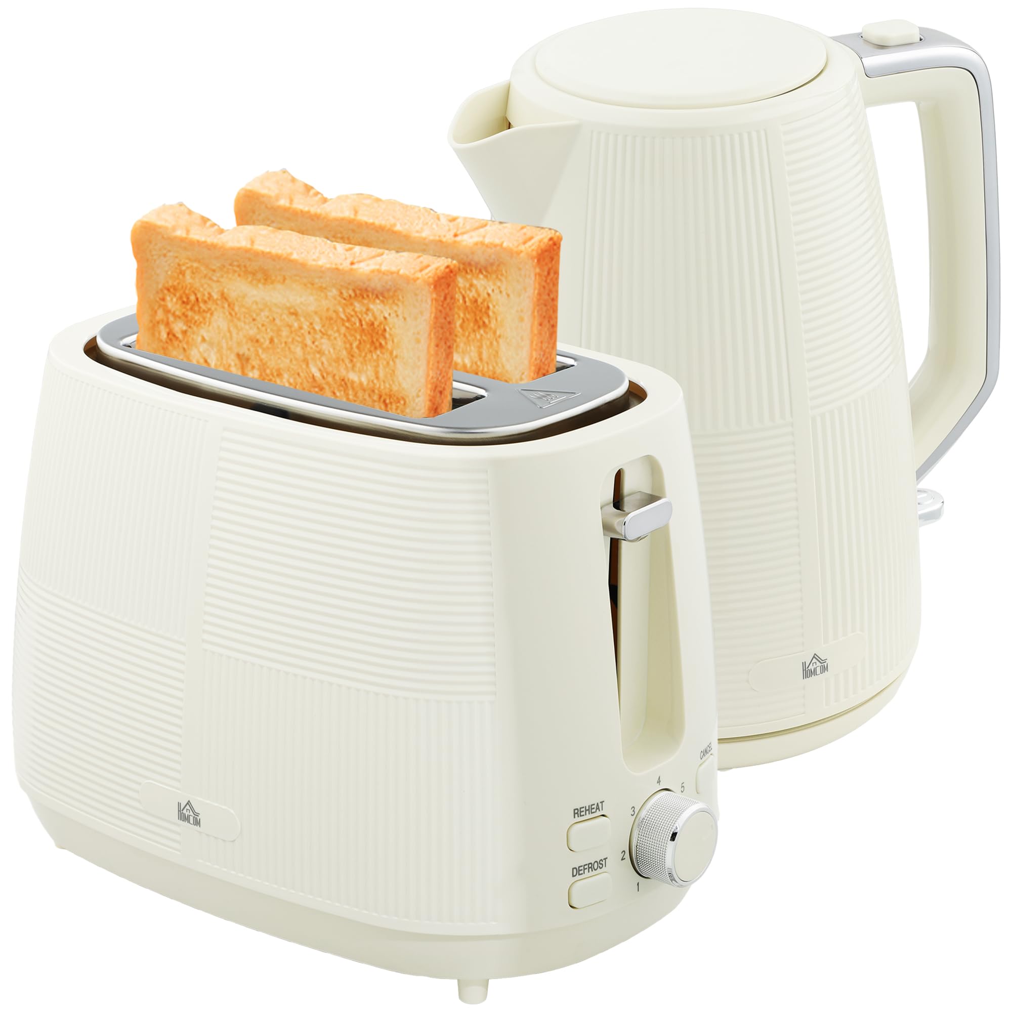 HOMCOM Juego de Tostador y Hervidor 2200W Hervidor de Agua Eléctrico de Acero Inoxidable 1,7L Tostadora Pan Ranura Ancha para 2 Rebanadas 3 Funciones Crema