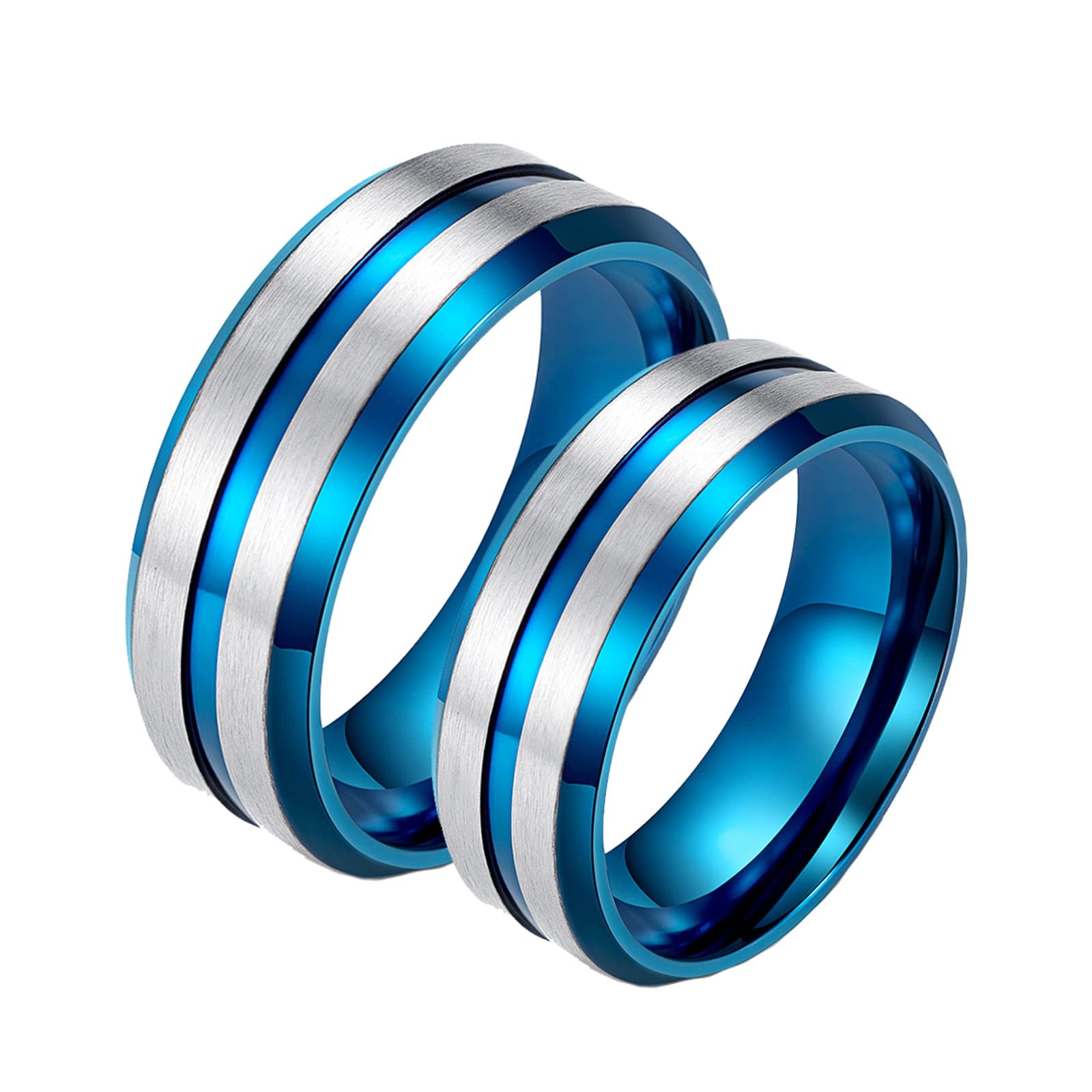 Anelli per Coppie in Acciaio Inossidabile, Anelli per Lui e per lei Anello Personalizzato in Argento Spazzolato Blu da 8 mm dalla Taglia L 1/2 alla Taglia N 1/2