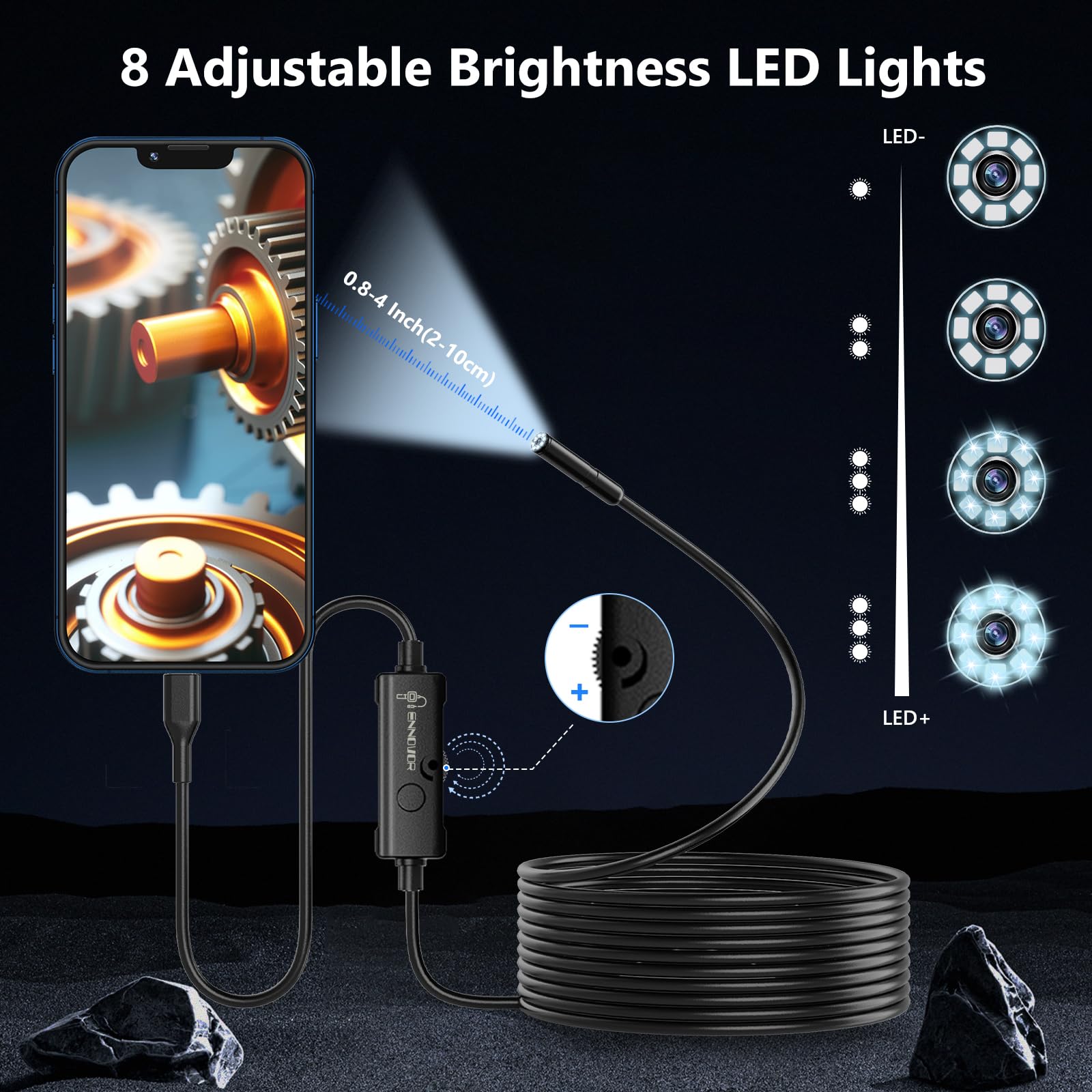 Ennovor Endoscoop inspectiecamera, 1920P flexibele stijve endoscoop, 8 LED Borescope, USB Geen WiFi-inspectiecamera, IP67 waterdichte buis gootsteenafvoercamera's, voor Android iOS iPhone iPad Samsung
