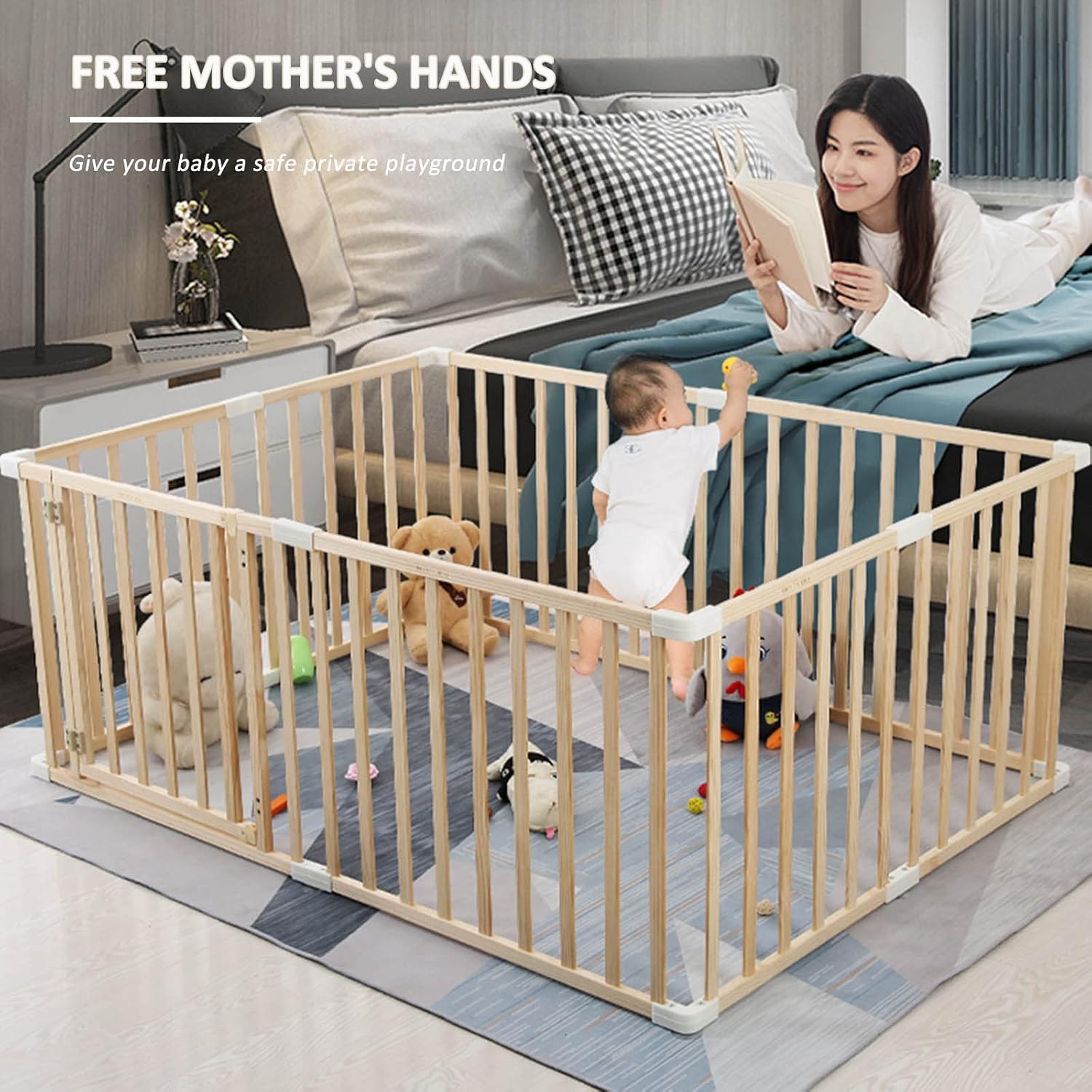 Jolan Baby Playpen Wooden,Detachable/Portable,Baby Fence with Door,Indoor Outdoor Large Safety Playard Playpen,63cm Height,Activity Center Playpen for Twins,Toddlers,Children,120×180cm