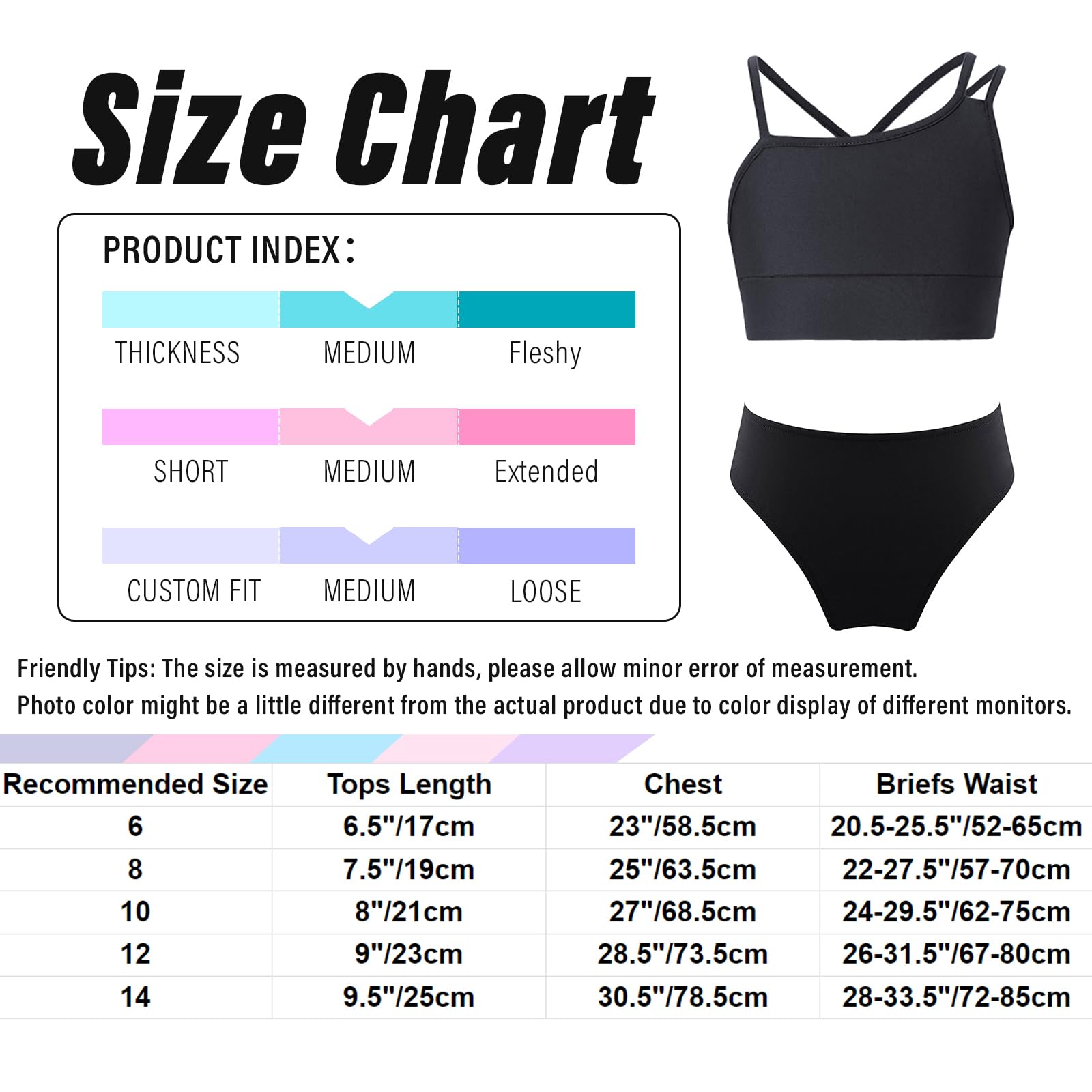 TTAO Dziewczęce dziecięce bikini tankini zestaw tank top + slipy szorty kąpielowe Bdemode dwuczęściowy jednokolorowy kostium kąpielowy lato rozm. 110-176