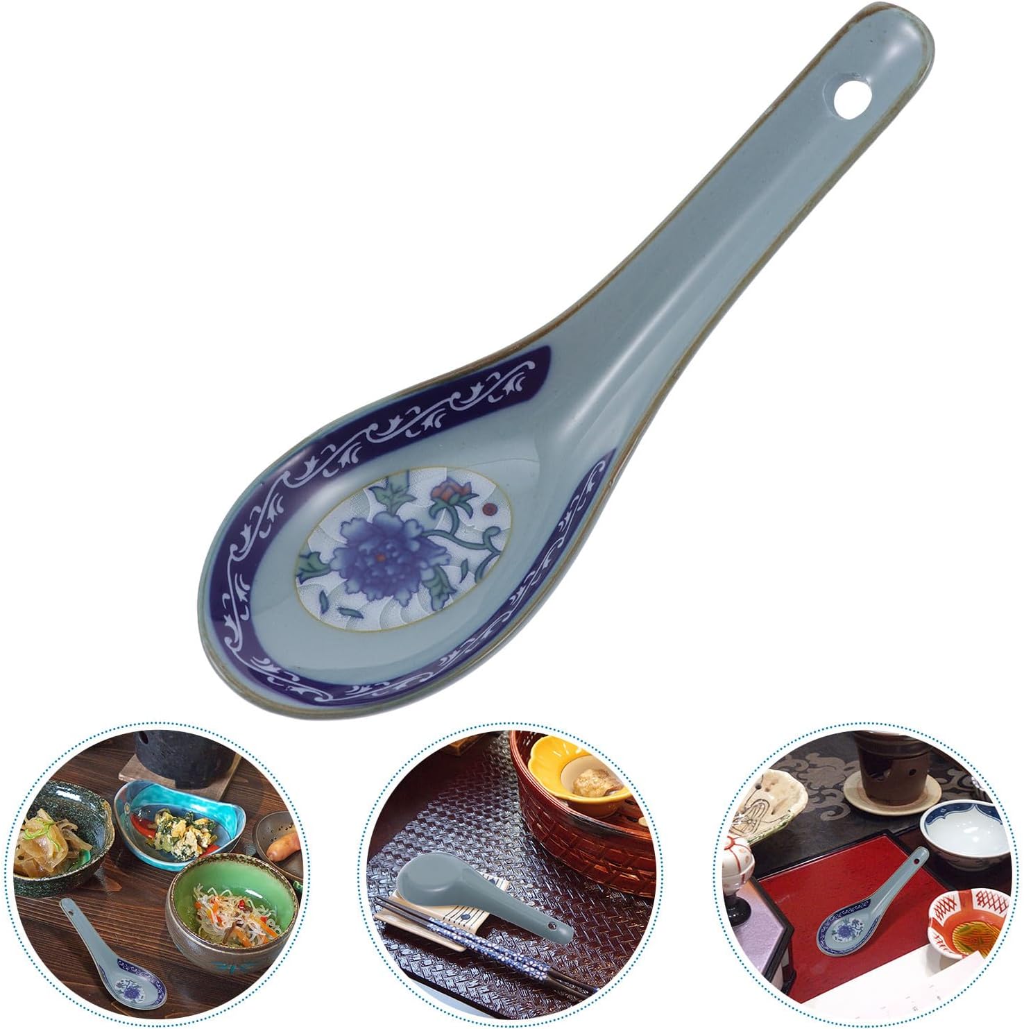 10pcs Chinese Style Ceramic Soup Spoons Set, Porcelain Food Serving and Condiment Mixing Spoons Pattern, Asian Tableware for Dining and Cooking Style
