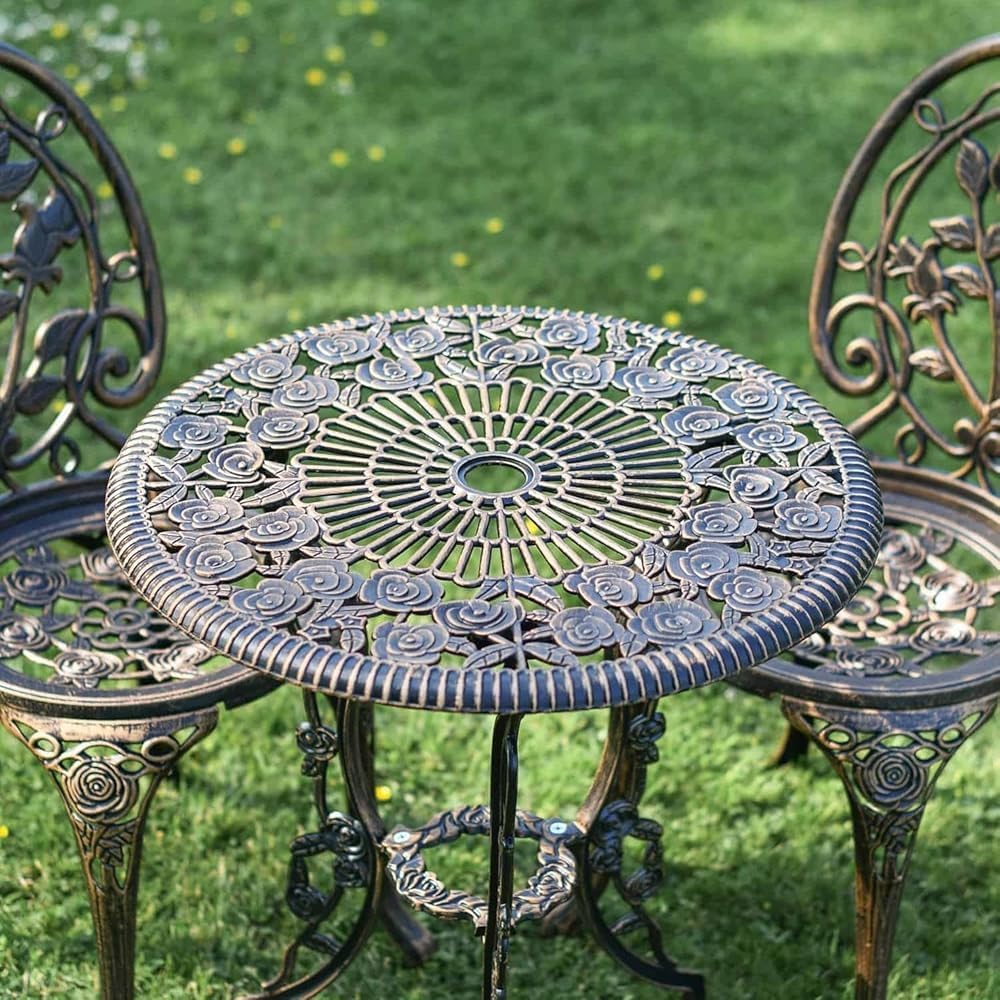 Juego de 3 piezas de bronce cepillado – Muebles de comedor de aluminio fundido de dos plazas para jardín, balcón y uso al aire libre – Elegante y duradero juego de mesa y sillas