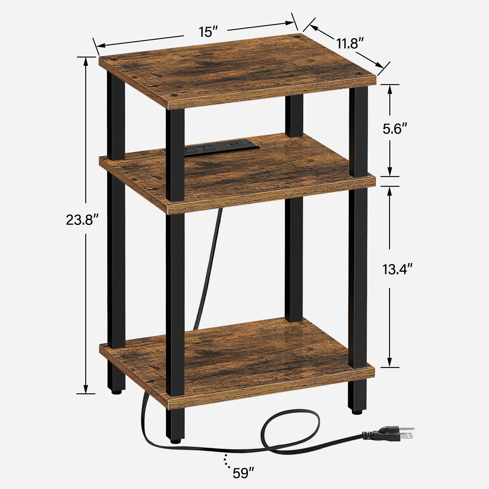 TUTOTAK End Table with Charging Station, Side Table with USB Ports and Outlets, Nightstand, 3-Tier Storage Shelf, Sofa Table for Small Space, Living Room, Bed Room, Rustic Brown TB01BB042