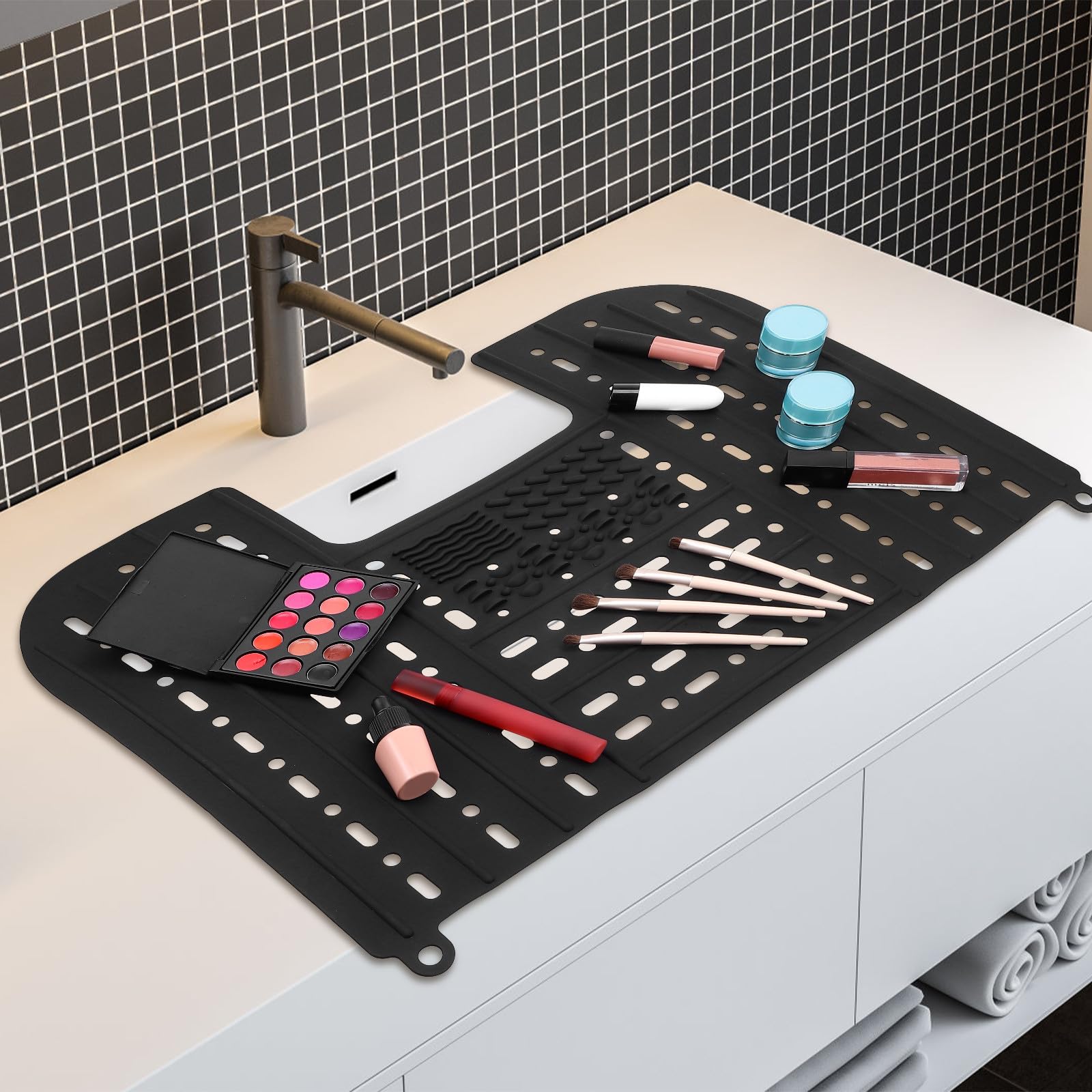 Cubierta Superior Plegable de Silicona Negro para Lavabo y Maquillaje con Almacenamiento práctico en baño