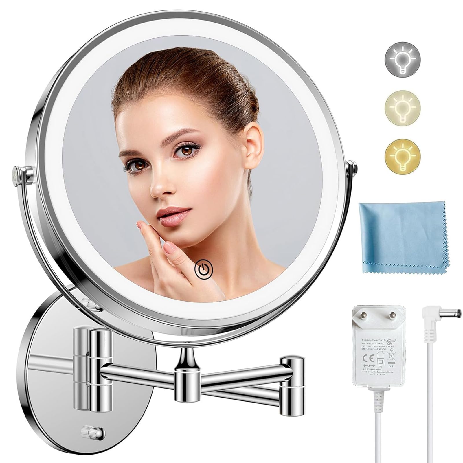 FUNTOUCH Espejo de Maquillaje Enchufable con Iluminación, 1X/10X de Aumento para Montaje en Pared, Espejo de Afeitar Regulable en 3 Colores, Pantalla Táctil, Espejo de Maquillaje para Baño y Hotel