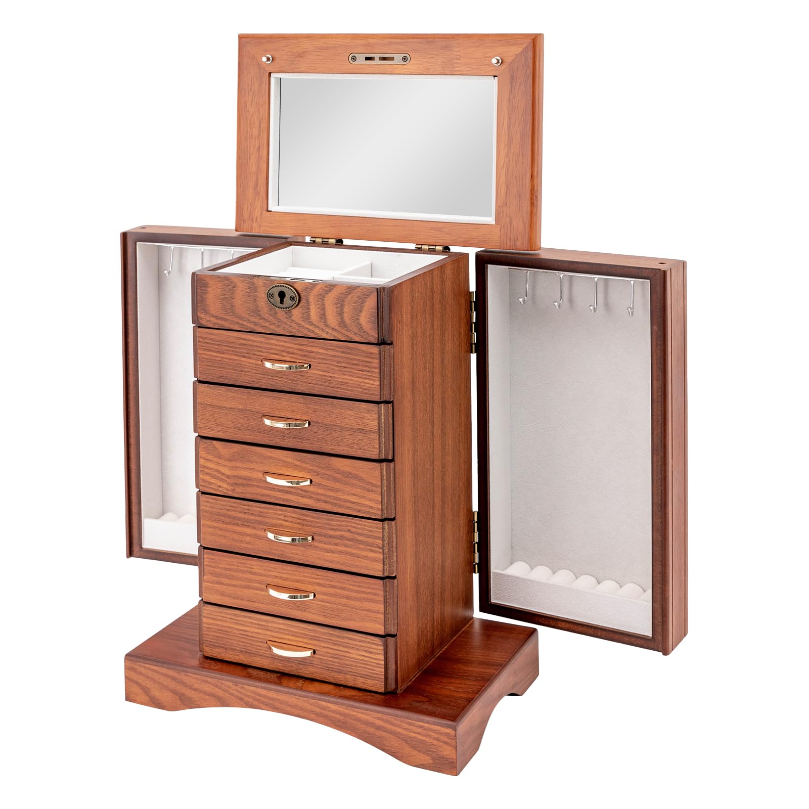 ZHISHUAI Women 7 Layers Walnut Jewelry Dresser Box, Large Cosmetic Storage Organizer Box with Mirror