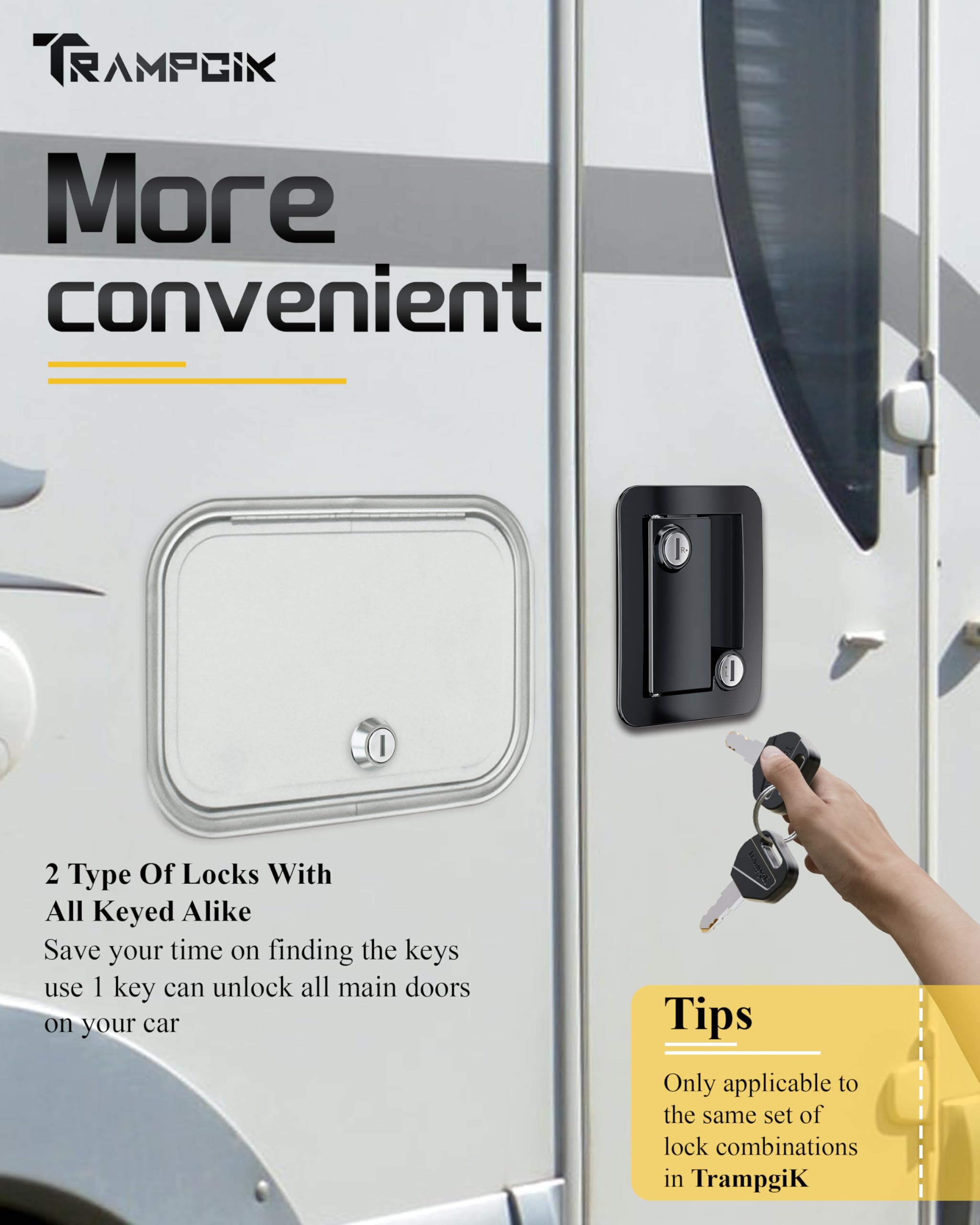 Juego de cerradura de puerta de caravana con llave igual, 1 cerradura de metal para puerta de caravana + 2 cerraduras de almacenamiento, tamaño de 1 1/8 pulgadas, color cromo