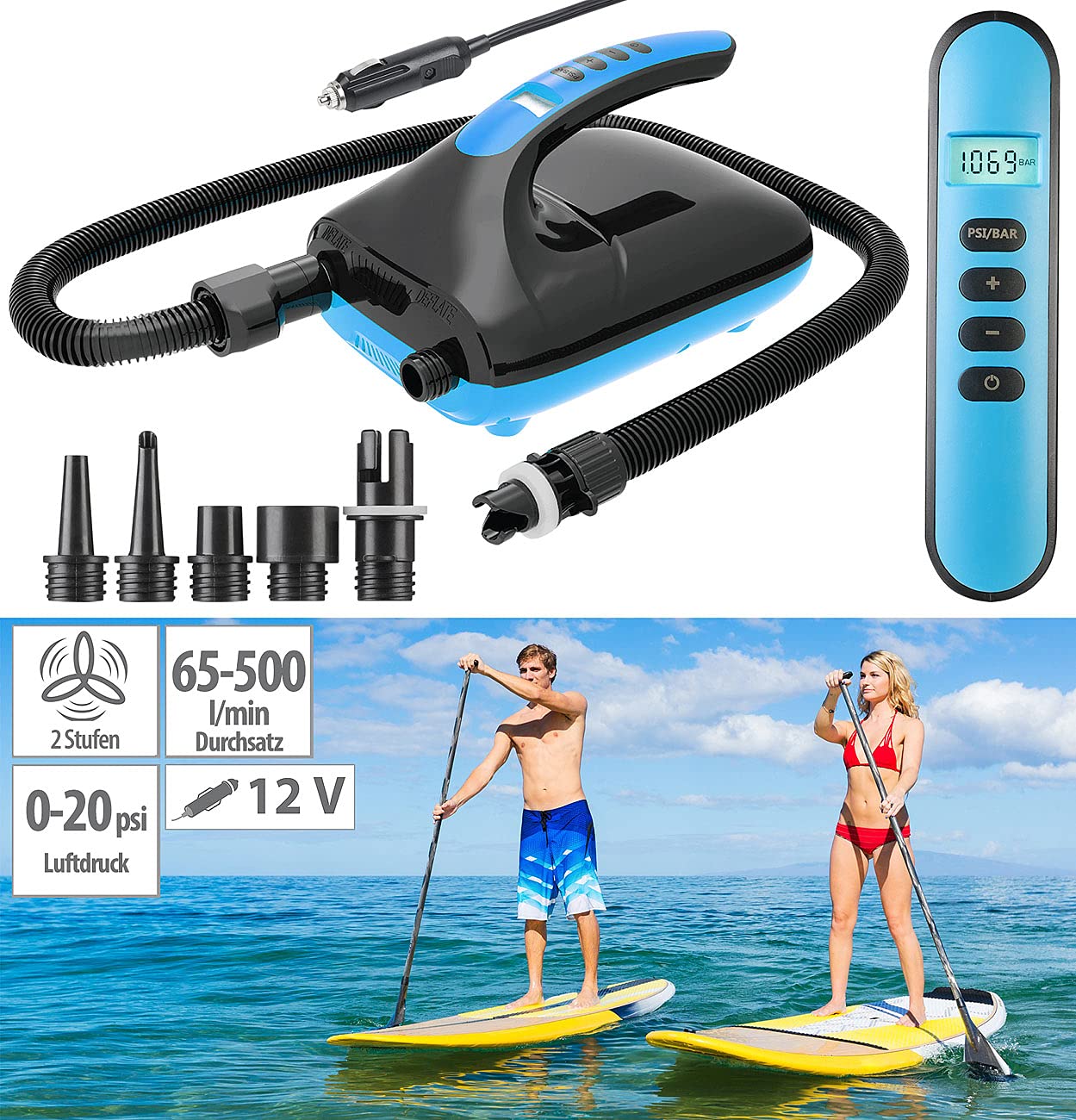 AGT SUP Pumpe: Elektrische Luftpumpe für SUP-Boards & Boote, 6 Aufsätze, 500 l/Min. (Schlauchboot Pumpe, Stand Up Paddle, Boot)