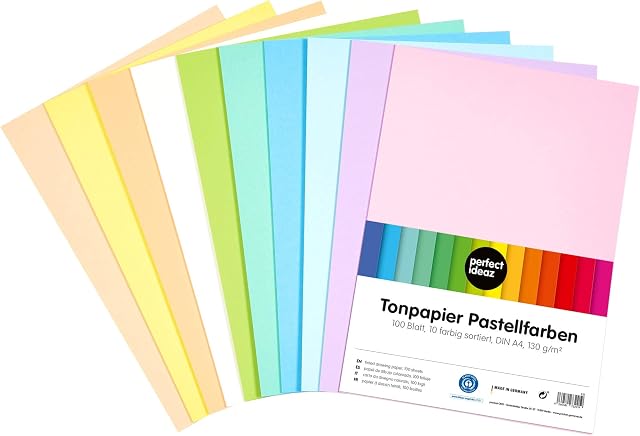 perfect ideaz 100 Sheets Pastel Tinted Drawing Paper, A4 Size (8.27 x 11.69 in), Tone Coloured Paper, in 10 Different Solid Colours, 130 g/m², Quality Sheets
