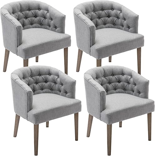 Miniatura 9 de DUOMAY Juego de 2 sillas de comedor modernas copetudas, silla auxiliar tapizada de lino, cómoda silla de barril con patas de madera para el hogar,