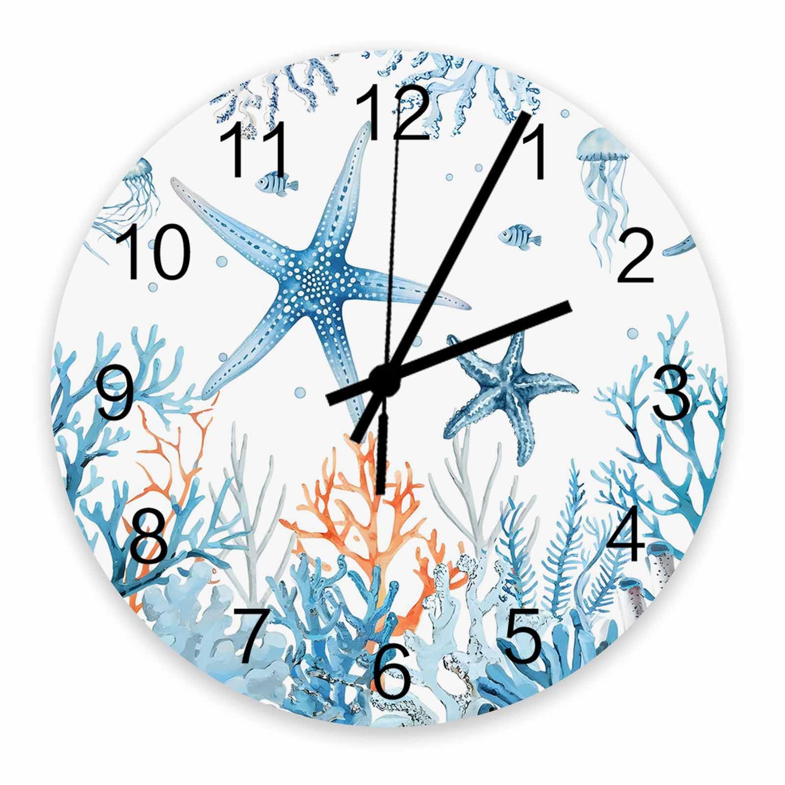 Horloge murale bleue océan à piles avec méduse de corail pour décoration d'été