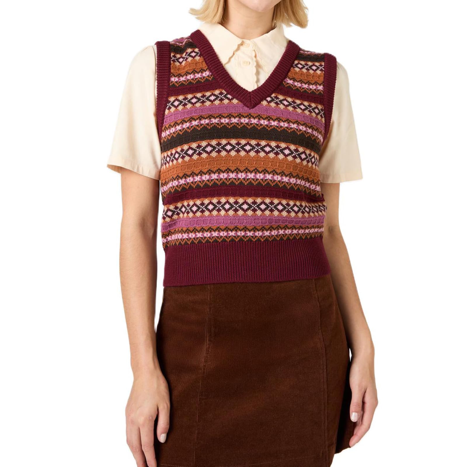 Women Vintage Knit Crop Sweater Boho Sleeveless V Neck Colorful Argyle Plaid Pattern Slim Fit Preppy Sweater Vest
