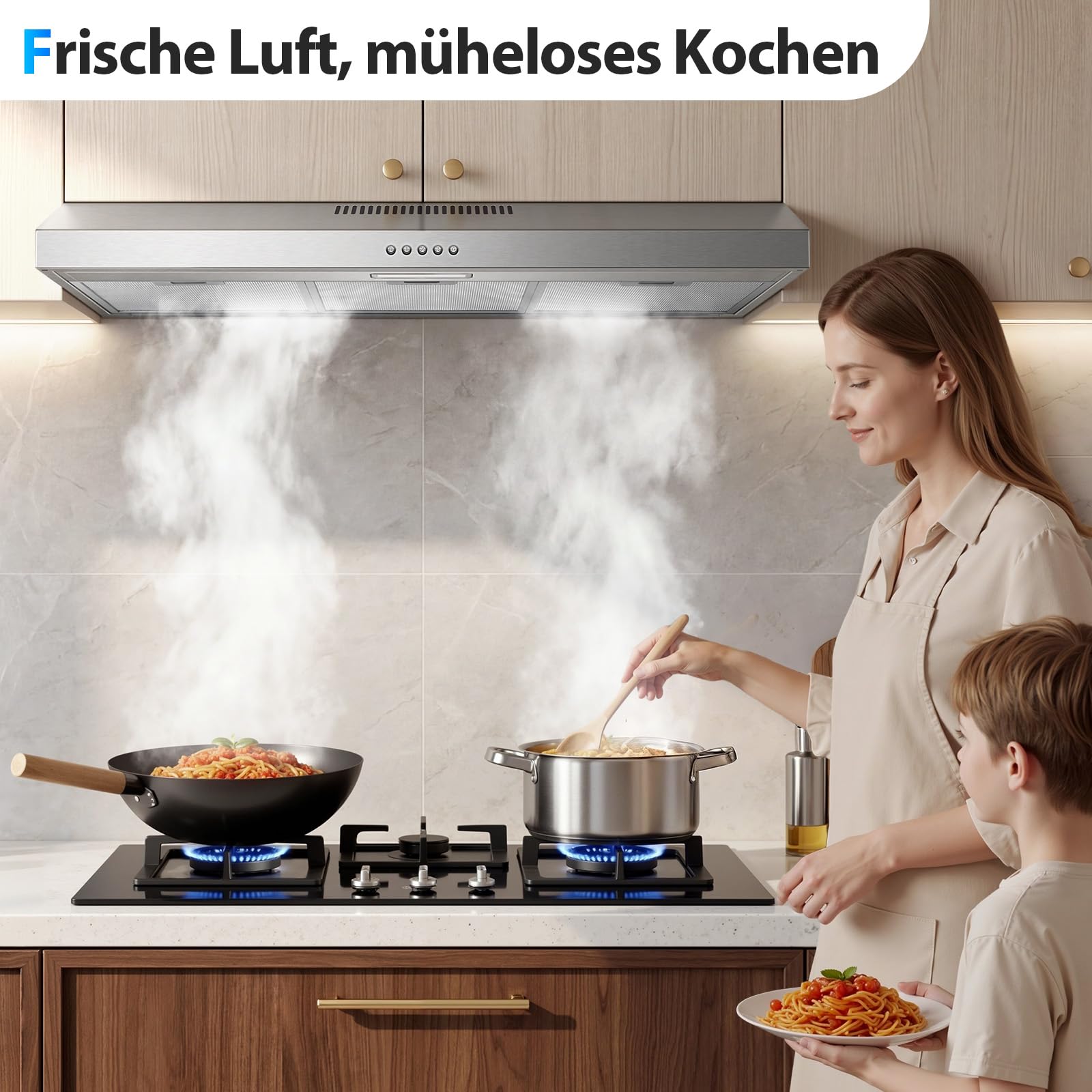 TopStrong Dunstabzugshaube 90cm Unterbau, Umluft & Abluft Dunstabzug mit LED-Beleuchtung, 201 m³/h Unterbauhauben Abzugshaube mit Aktivkohlefilter CF-D, A Energieklasse, 3 Stufen, Edelstahl Silber