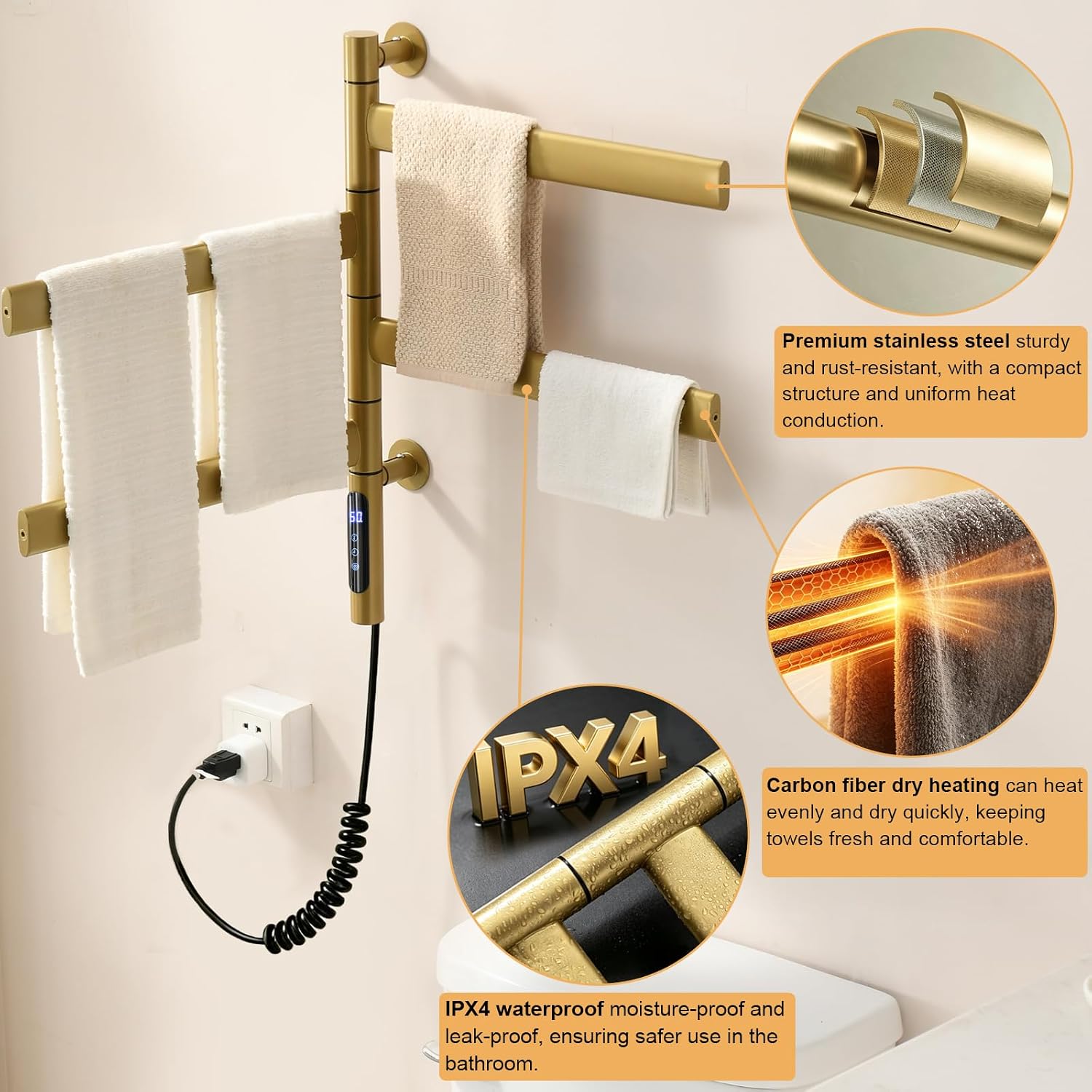 Gold Towel Bar for Bathroom Wall Mounted Heated Towel Warmer Rotating 4-Bar