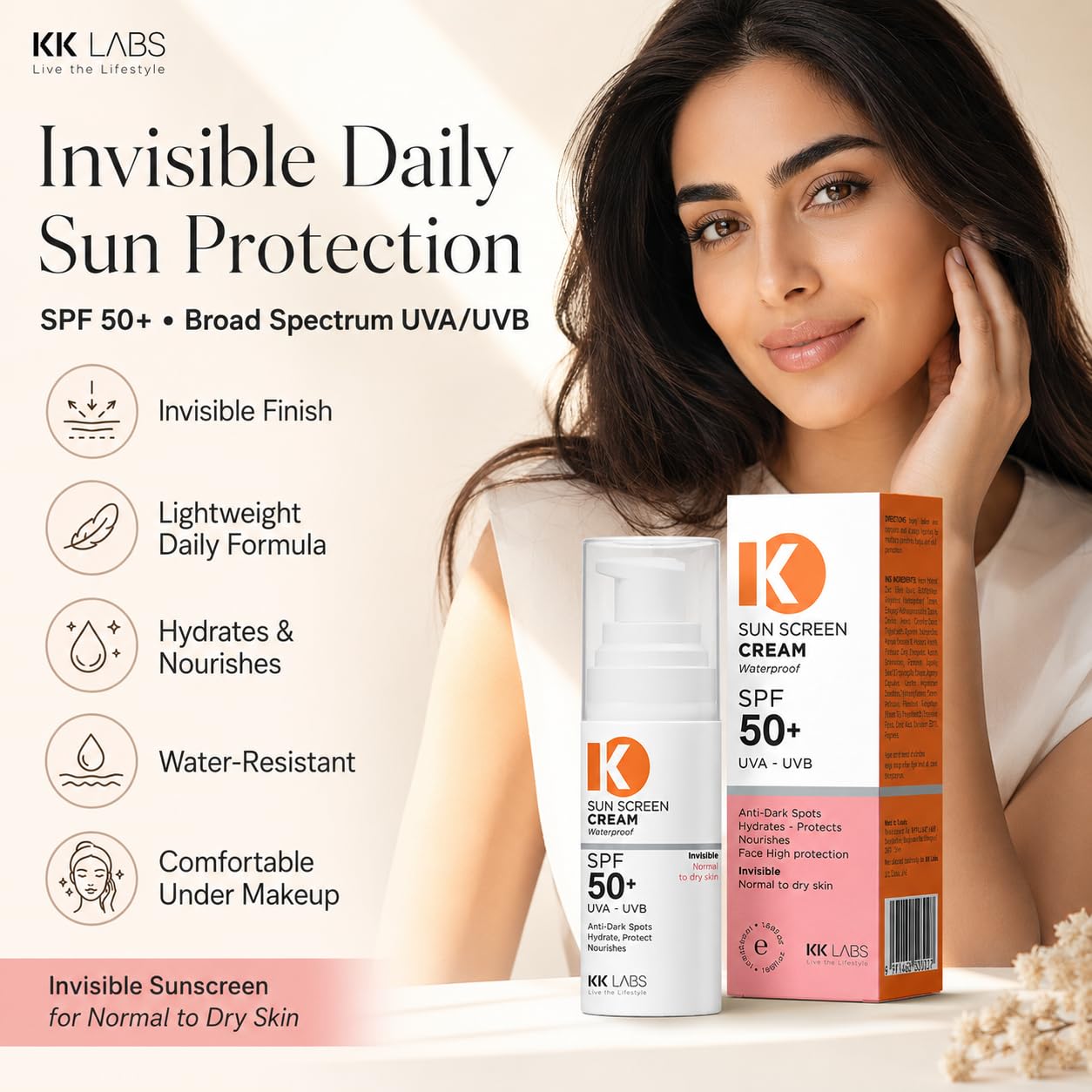 KK Labs Invisible Sun Cream for Normal to Dry Skin 50ml - Hydrating Daily Facial Sunscreen with a No-White-Cast, Comfortable Finish That Protects and Moisturises Dry Skin, Men and Women