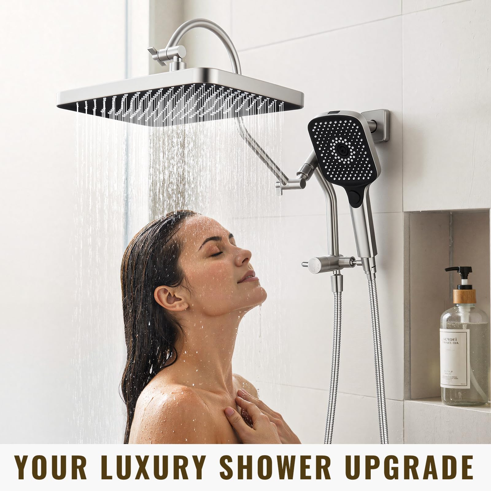 Cabezales de ducha de 13 pulgadas con pulverizador de mano multifunción, desviador extendido de metal de 3 vías con soporte y brazo de extensión de ducha curvado ajustable de metal,