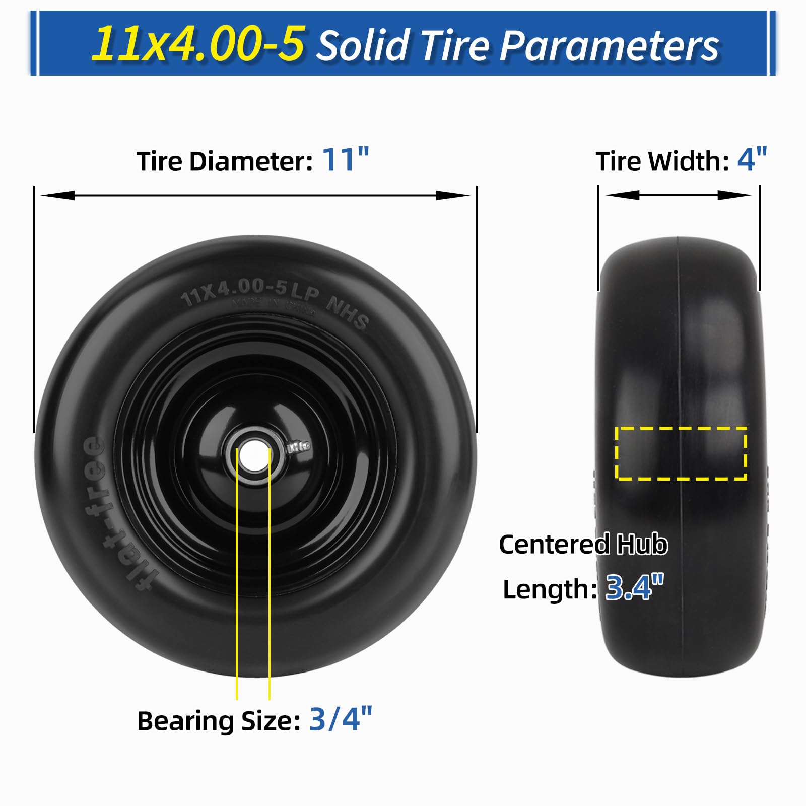 Neumático y rueda para cortacésped de 11 x 4.0 a 5 pulgadas con bujes centrados de 3/4 o 5/8 pulgadas, bujes de 3.4 a 4 a 4.5 a 5 pulgadas, neumático de banda de rodadura suave para cortacéspedes de