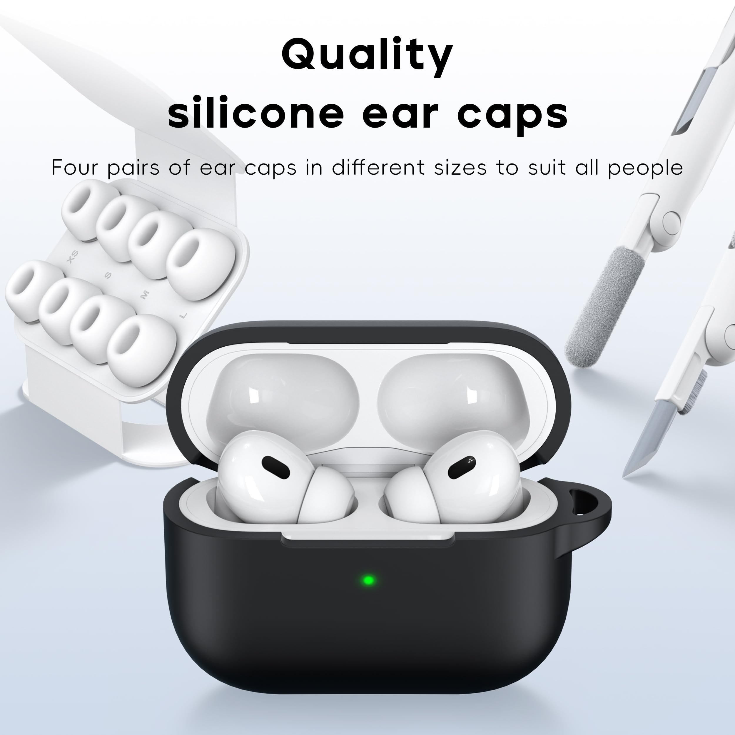 RFUNGUANGO Compatible with airpods pro 2 case (2023/2022/2019), Soft Silicone Protection AirPod Pro Case Cover(USB-C/Lightning Cable) with Cleaner kit&EarTips,Black