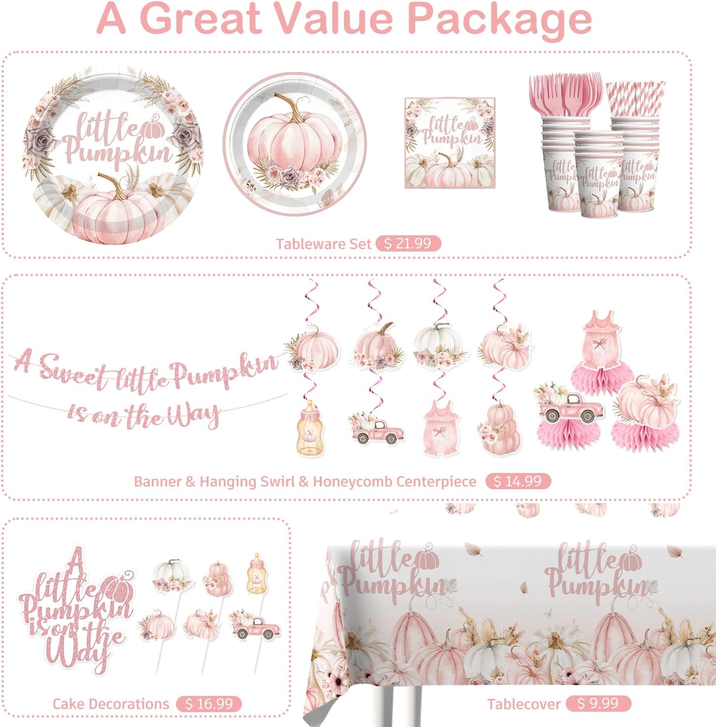 Xynic 193pcs Little Pumpkin Baby Shower Decorations Tableware Complete Party Set, for A Little Pumpkin Is On The Way Baby Shower, Serves 25 Guests, includes Banner Plates Balloons Table cloths, etc