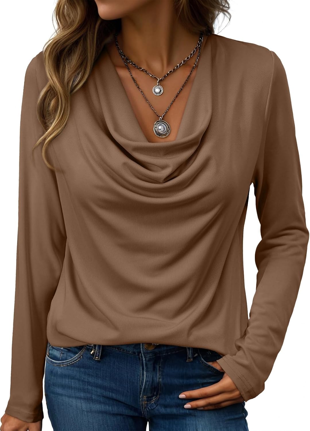 EVALESS Womens Tops Trendy 2026 Fall Cowl Neck Shirts Long Sleeve Teacher Clothes Office Business Dressy Casual Outfits