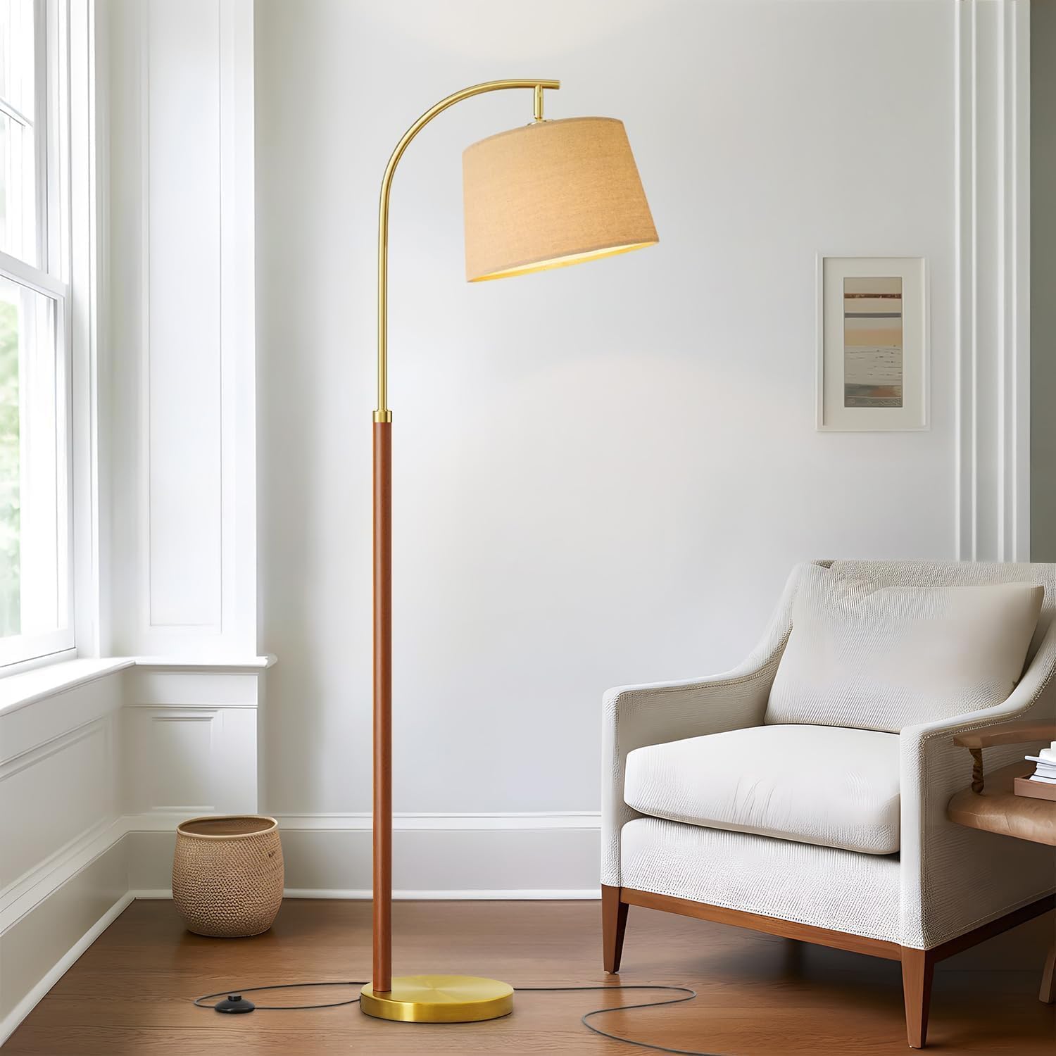 G-SAFAVA Drewniana lampa podłogowa 158 cm do salonu, złota, z przełącznikiem nożnym, stojąca, wysokie lampy do sypialni, nowoczesne narożne lampy podłogowe do biura, przedszkola, przemysłowa lampa do