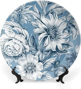 Bone China Decorative Plates Floral Blue And White Ceramic Decorative Plate Wall Decor with Display Stand Ceramic Ornaments for Wall Hanging Decoration 10inch
