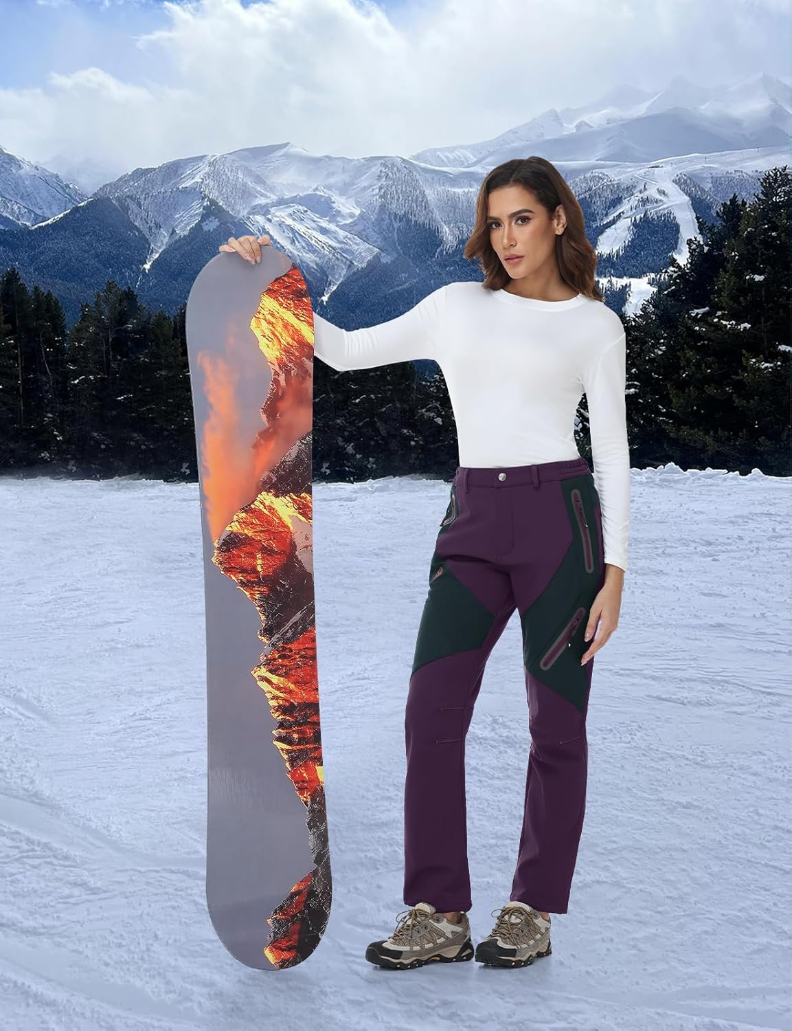 TBMPOY Women's Fleece Lined Ski Snow Pants Waterproof Winter Cargo Hiking Warm Thermal Softshell Insulated Outdoor Pant - Image 3