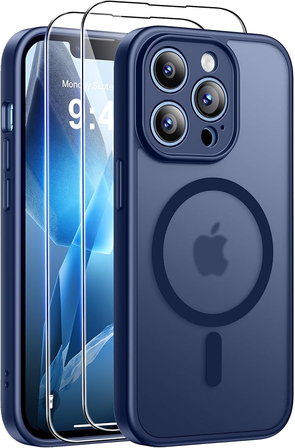 Qasyfanc Coque Magnétique pour iPhone 13 Pro Max Compatible avec MagSafe avec 2 Verre trempé Protection écran, Anti-Jaune Antichoc Caméra Protecteur pour iPhone 13 Pro Max-Bleu Foncé